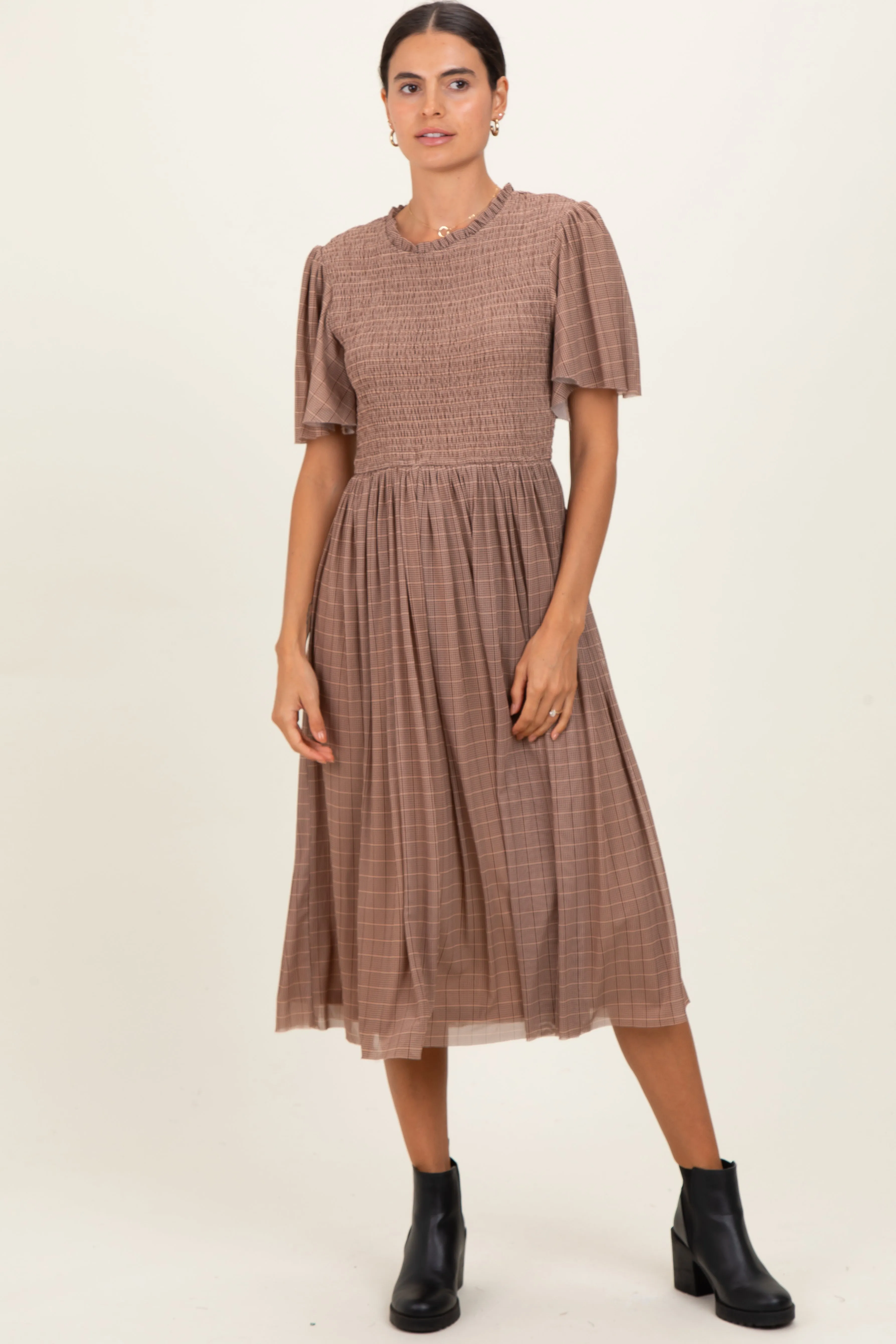 Beige Plaid Smocked Mesh Midi Dress sold by Pinkblush