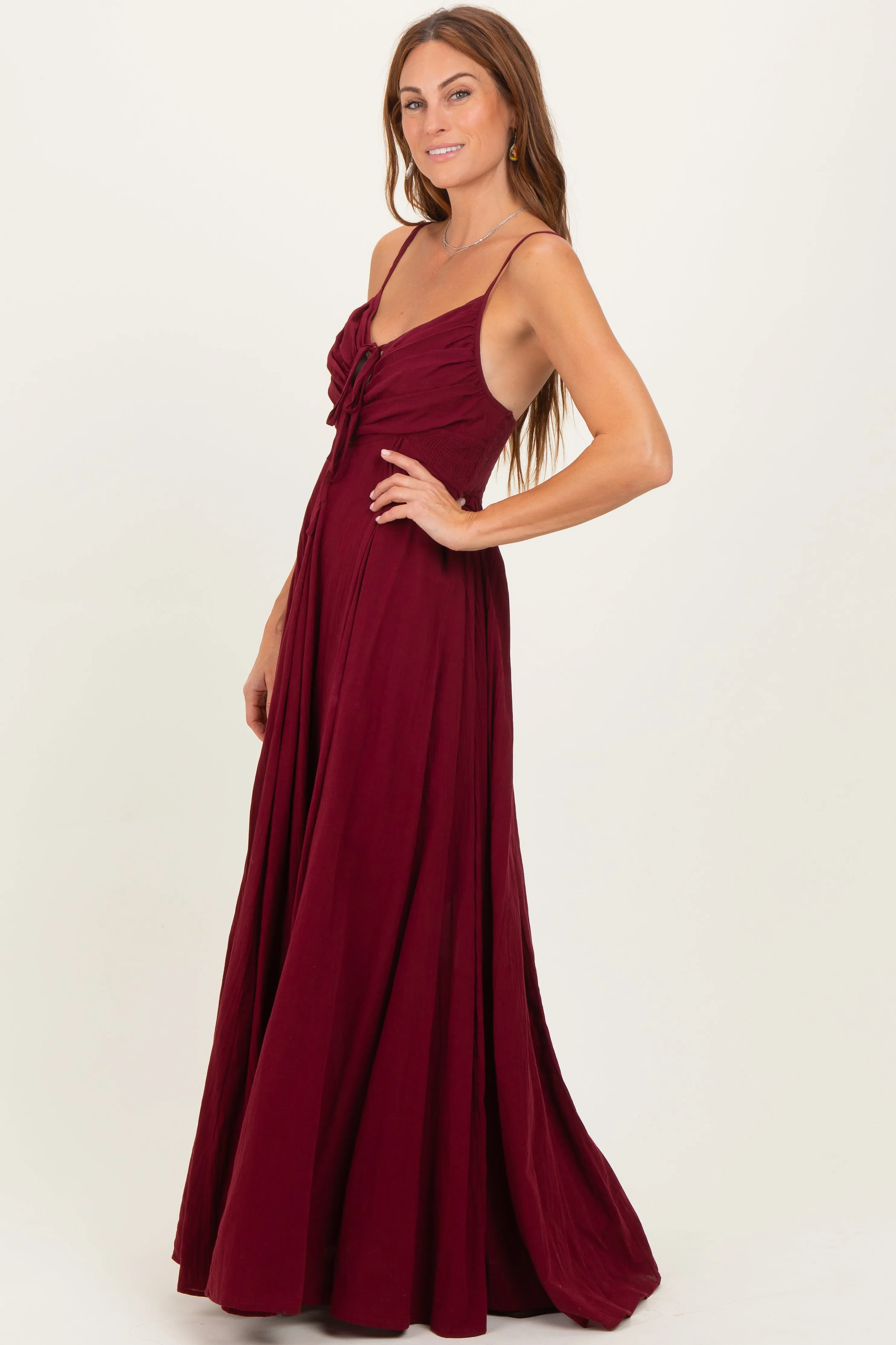 Burgundy Gathered Tie Front Maxi Dress sold by Pinkblush product image thumbnail 3