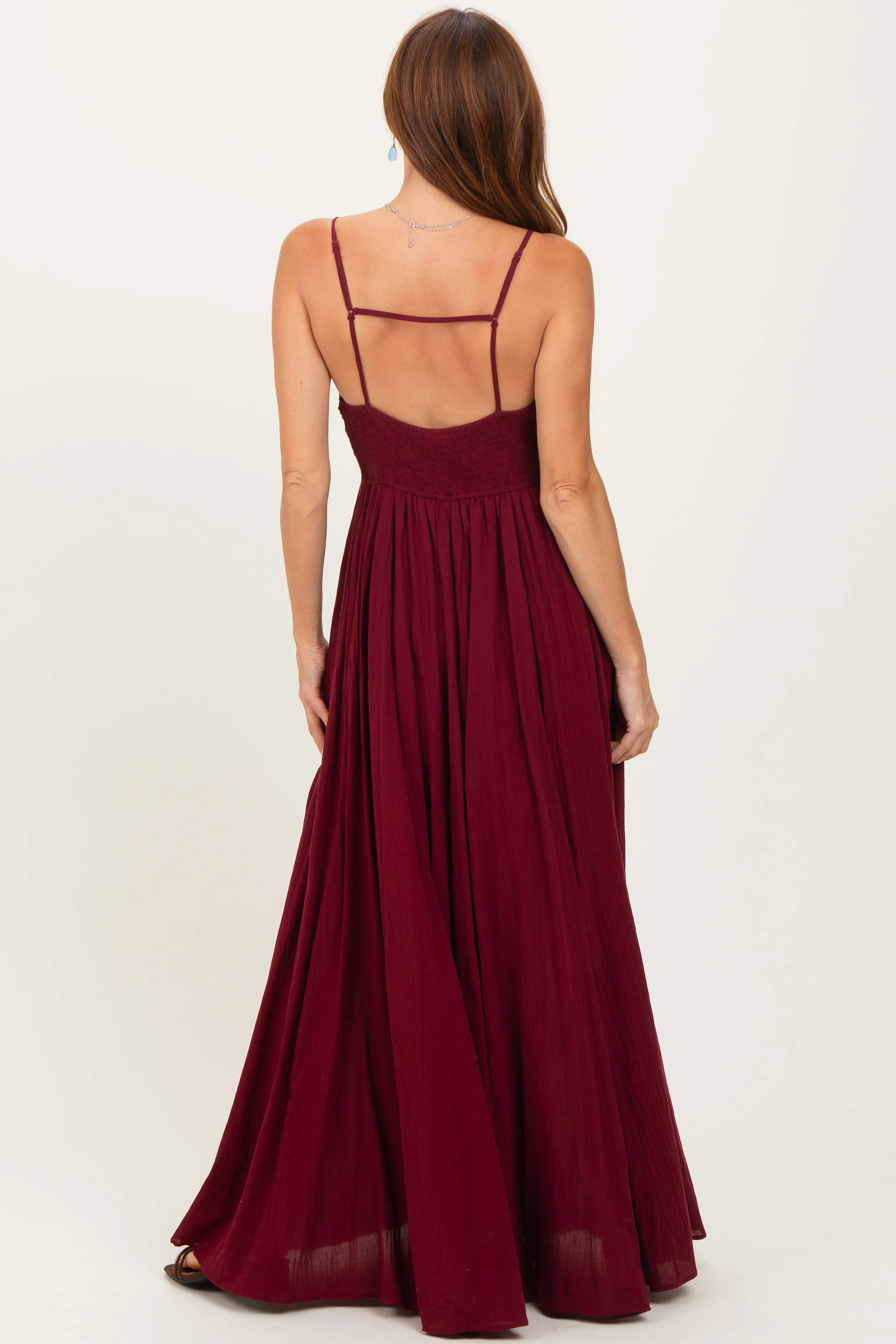 Burgundy Gathered Tie Front Maxi Dress sold by Pinkblush product image thumbnail 4