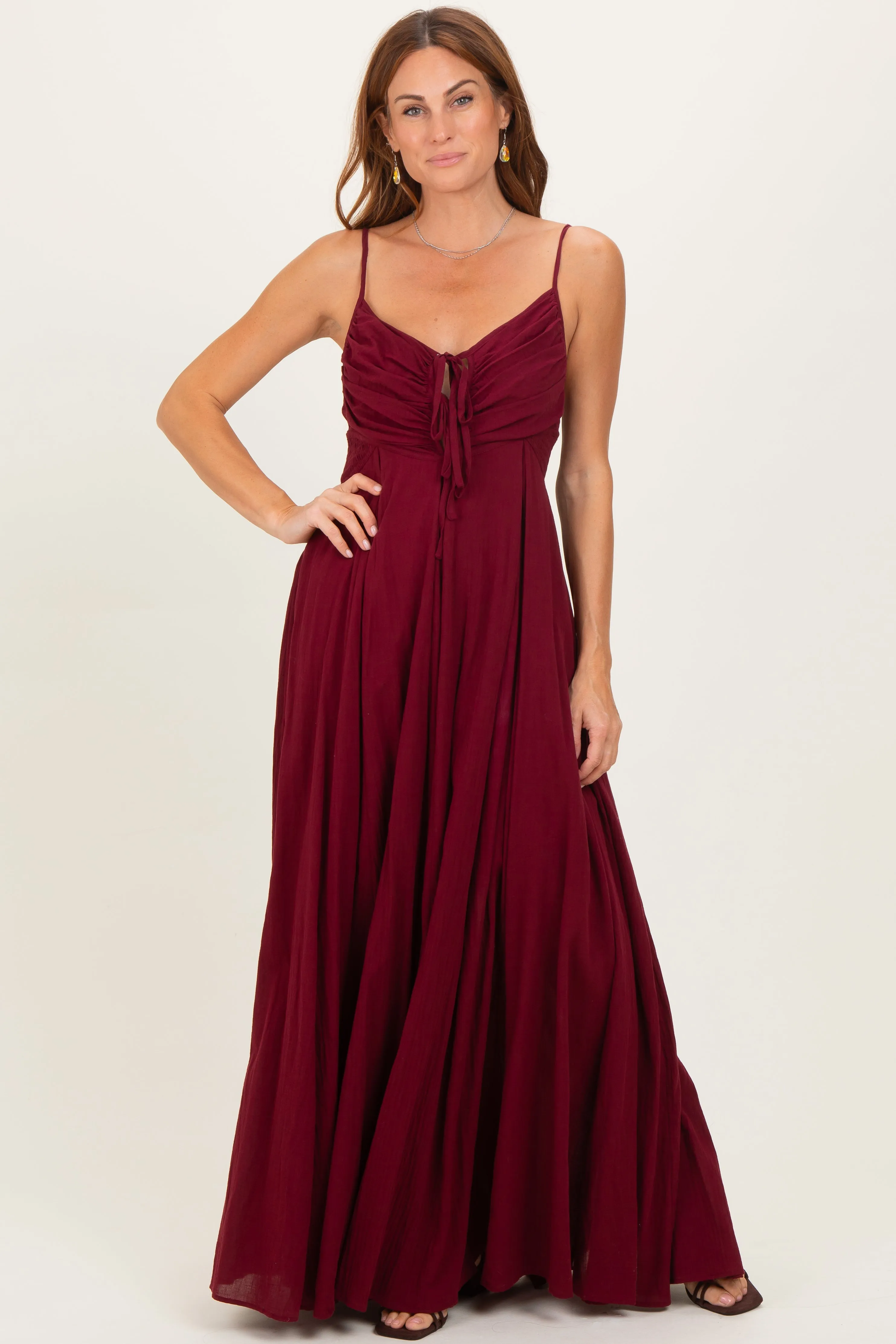 Burgundy Gathered Tie Front Maxi Dress sold by Pinkblush