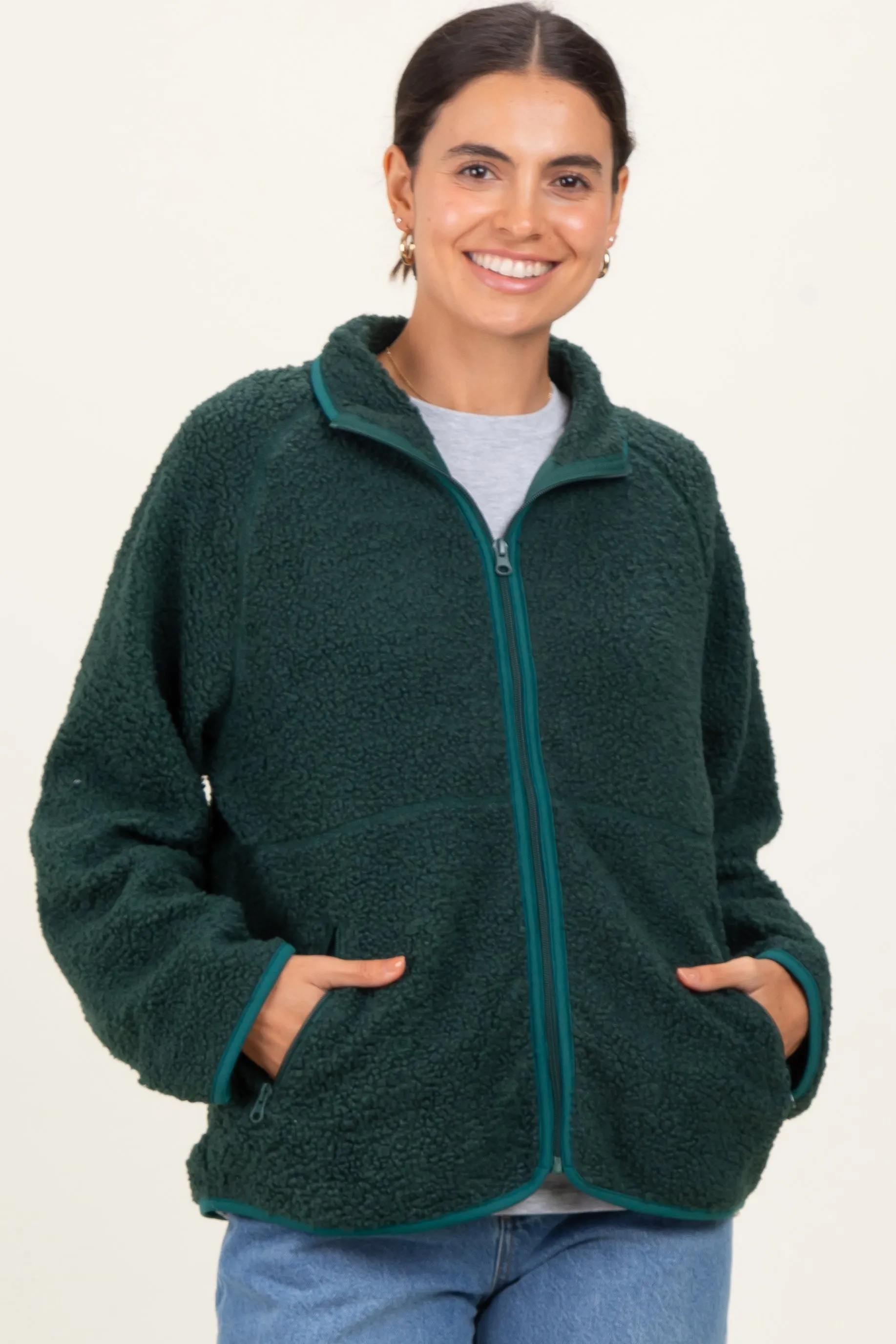 Forest Green Fleece Full Zip Jacket sold by Pinkblush