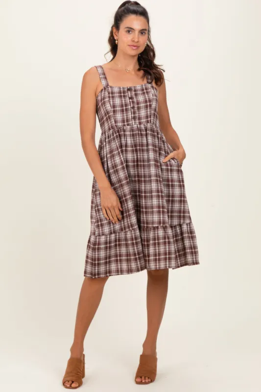 Brown Plaid Square Neck Dress sold by Pinkblush