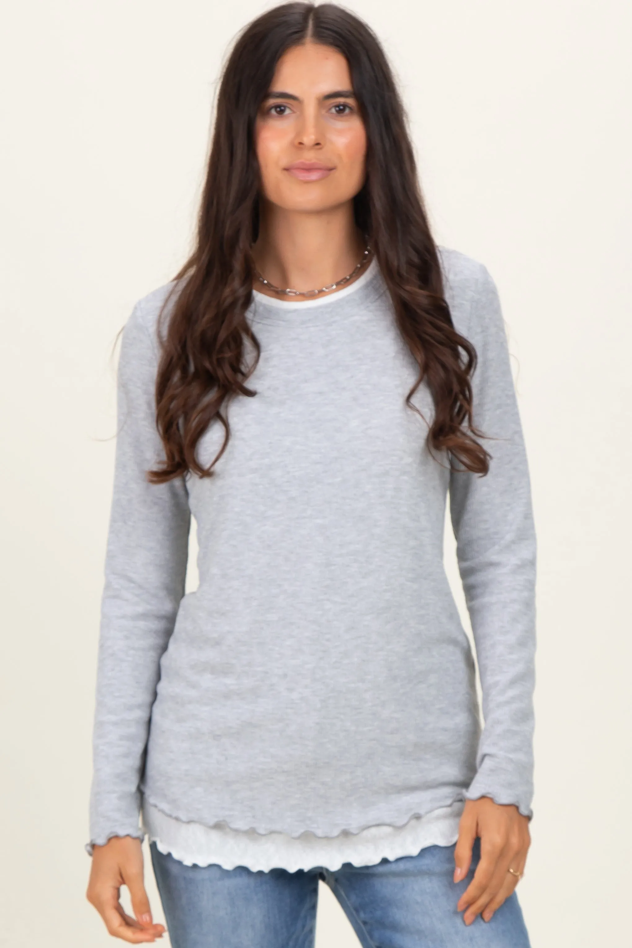 Heather Grey/White Ribbed Long Sleeve Twofer Top sold by Pinkblush