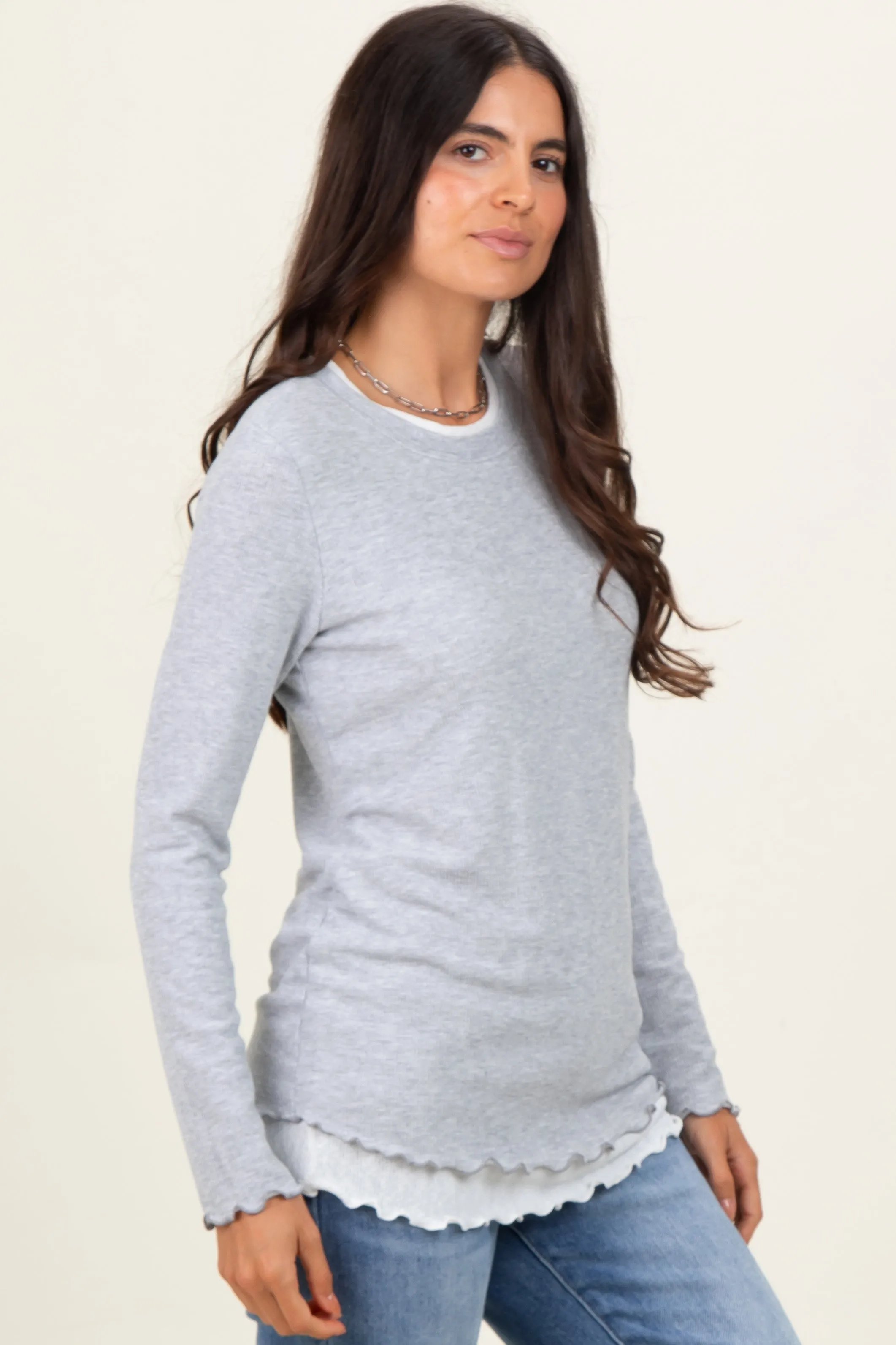 Heather Grey/White Ribbed Long Sleeve Twofer Top sold by Pinkblush product image thumbnail 3