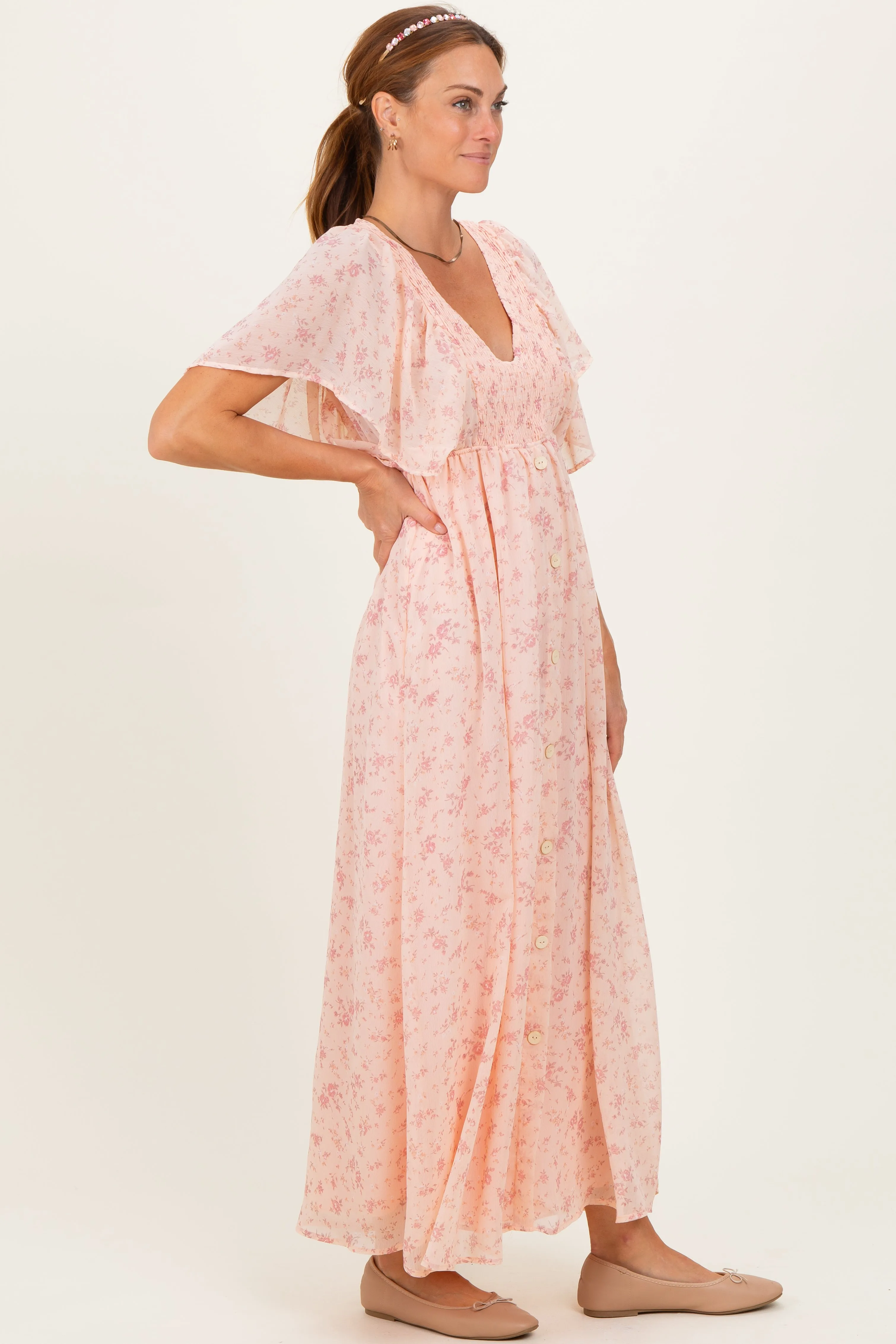 Light Pink Floral Chiffon Short Sleeve V-Neck Smocked Top Maxi Dress sold by Pinkblush product image thumbnail 3