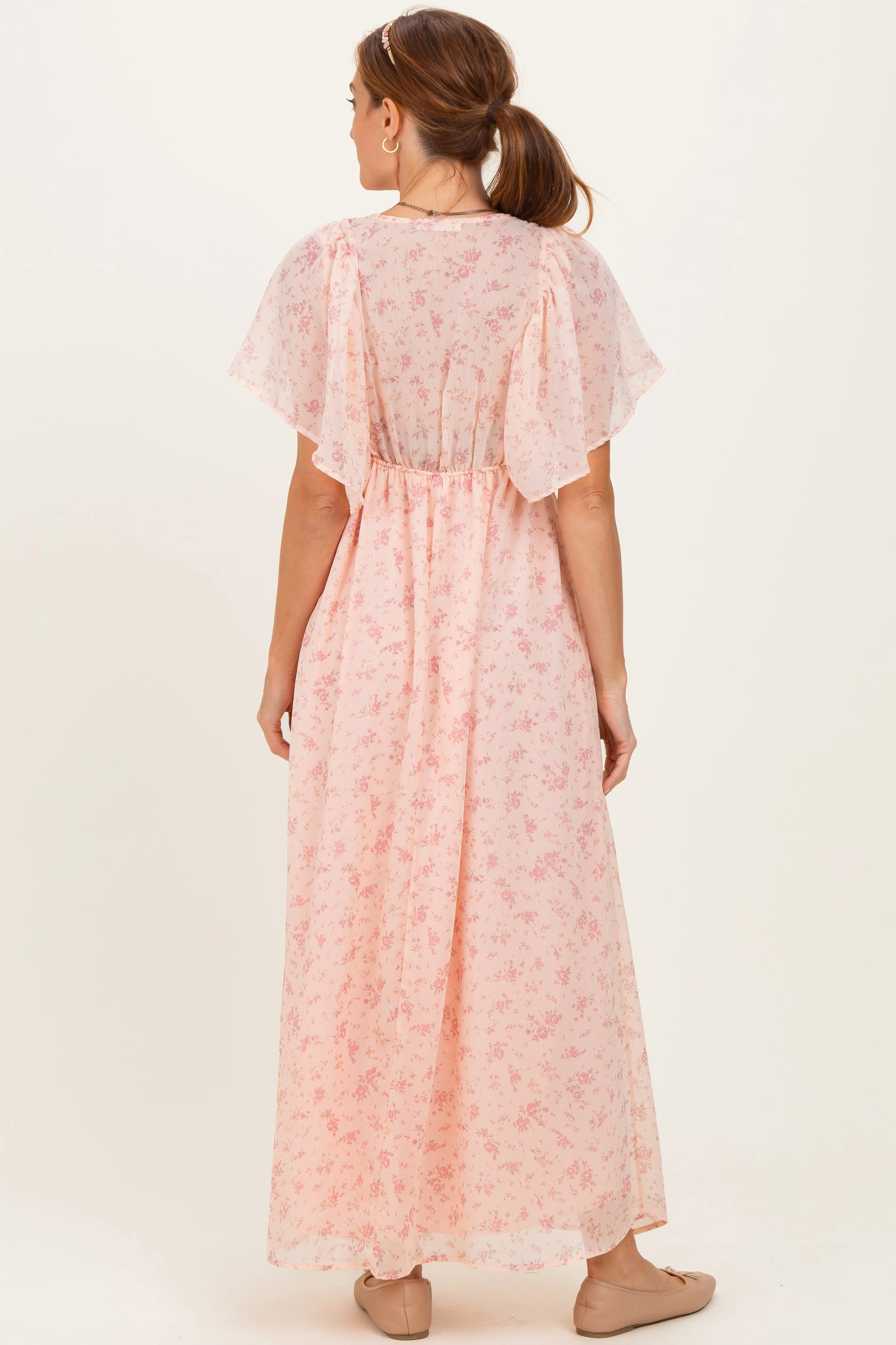 Light Pink Floral Chiffon Short Sleeve V-Neck Smocked Top Maxi Dress sold by Pinkblush product image thumbnail 4