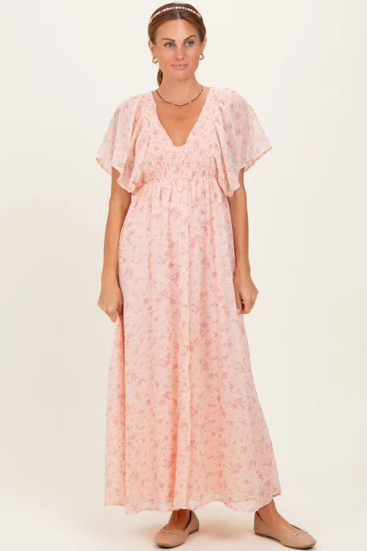 Light Pink Floral Chiffon Short Sleeve V-Neck Smocked Top Maxi Dress sold by Pinkblush