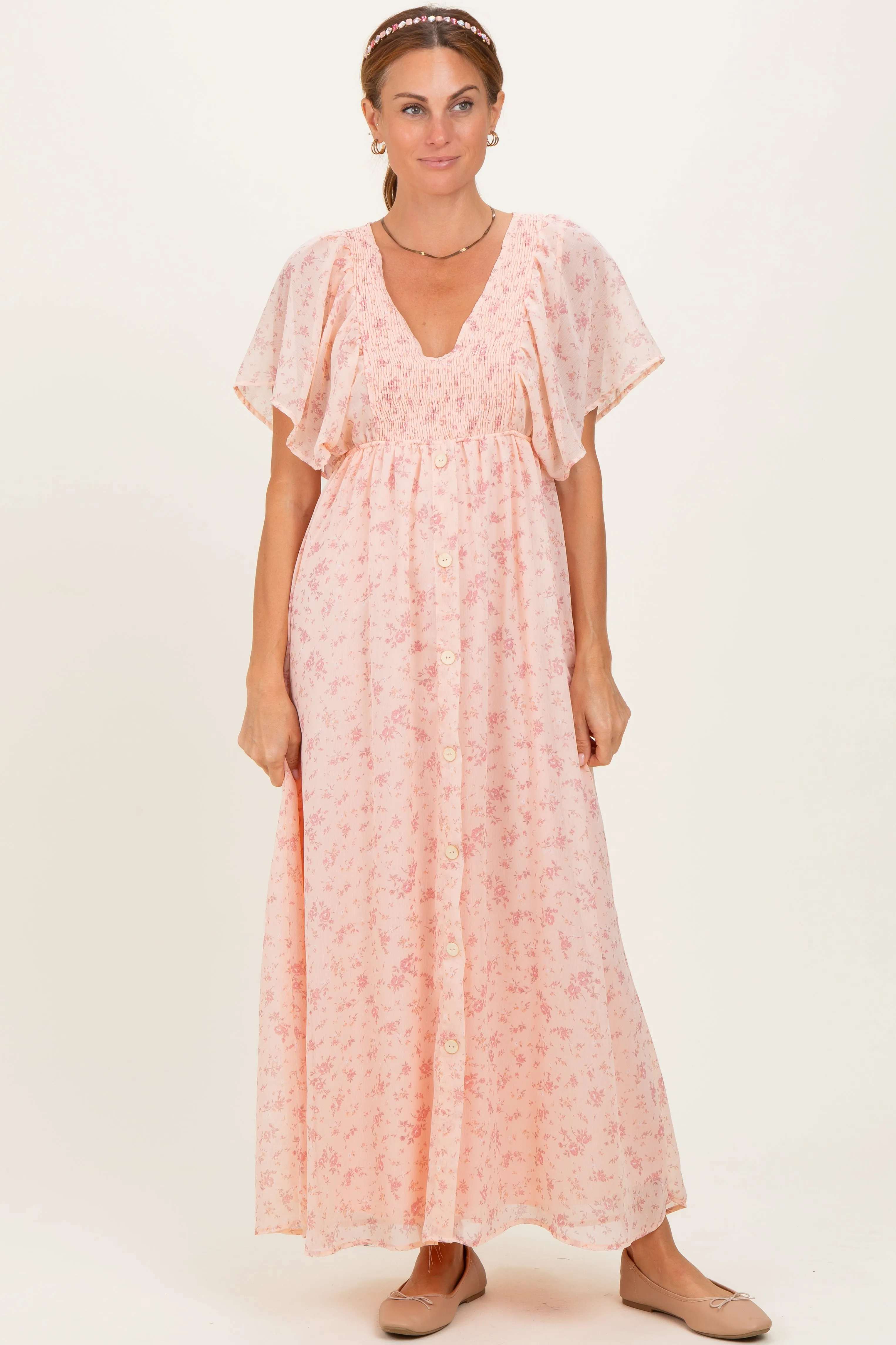 Light Pink Floral Chiffon Short Sleeve V-Neck Smocked Top Maxi Dress sold by Pinkblush