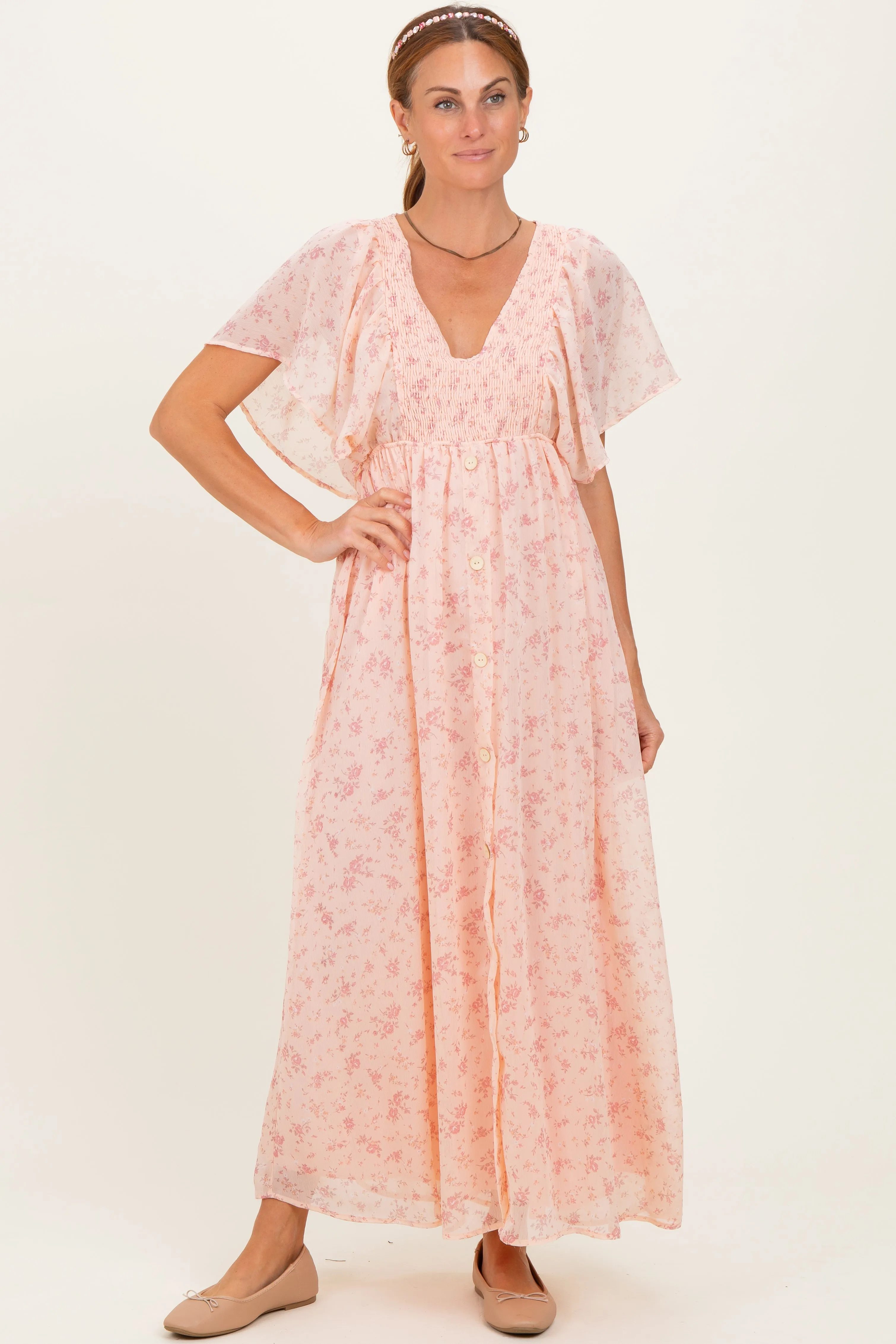 Light Pink Floral Chiffon Short Sleeve V-Neck Smocked Top Maxi Dress sold by Pinkblush product image thumbnail 2