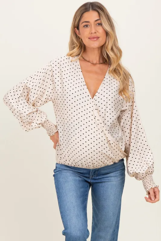 Ivory Polka Dot Long Sleeve Smocked Maternity Top sold by Pinkblush