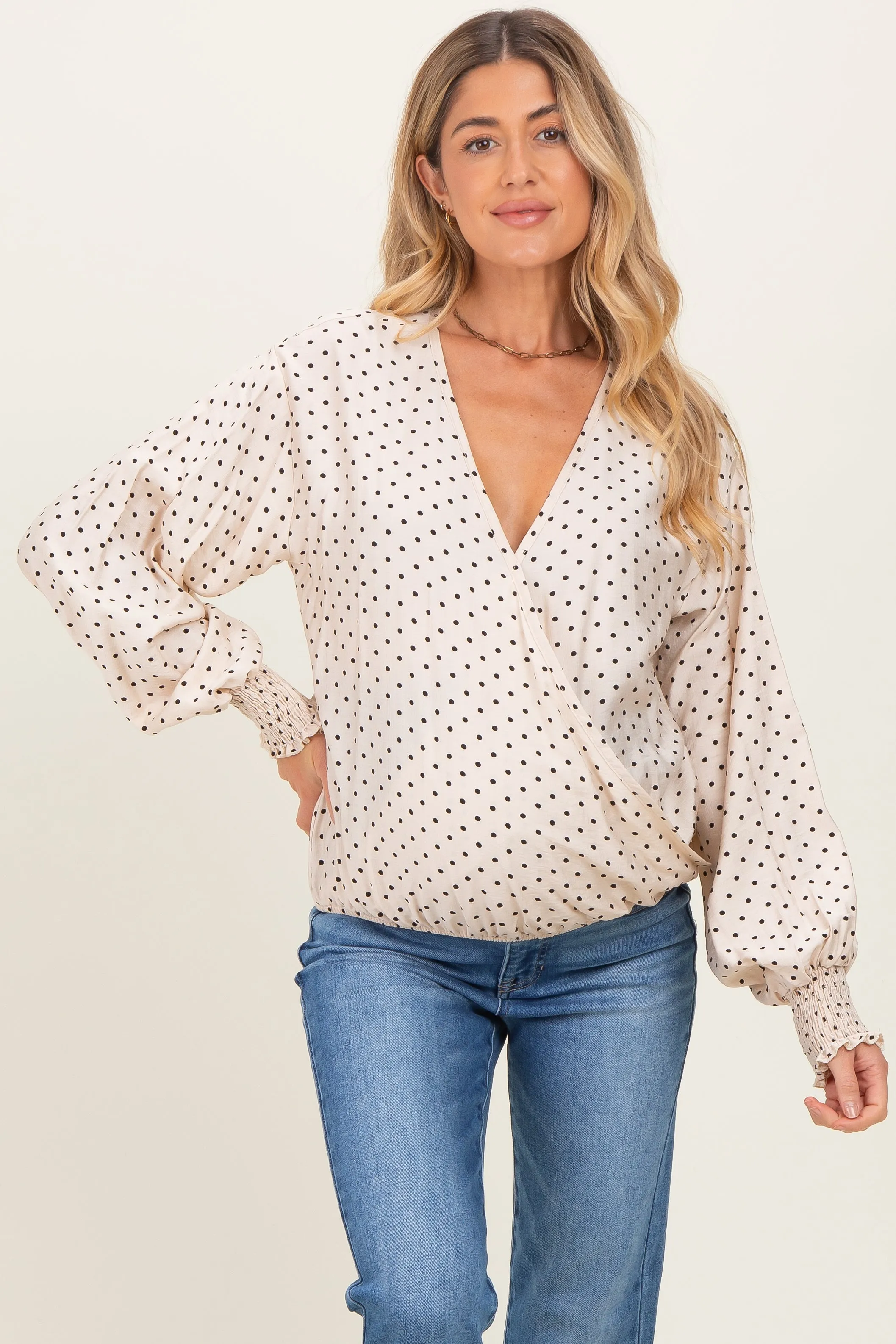 Ivory Polka Dot Long Sleeve Smocked Maternity Top sold by Pinkblush