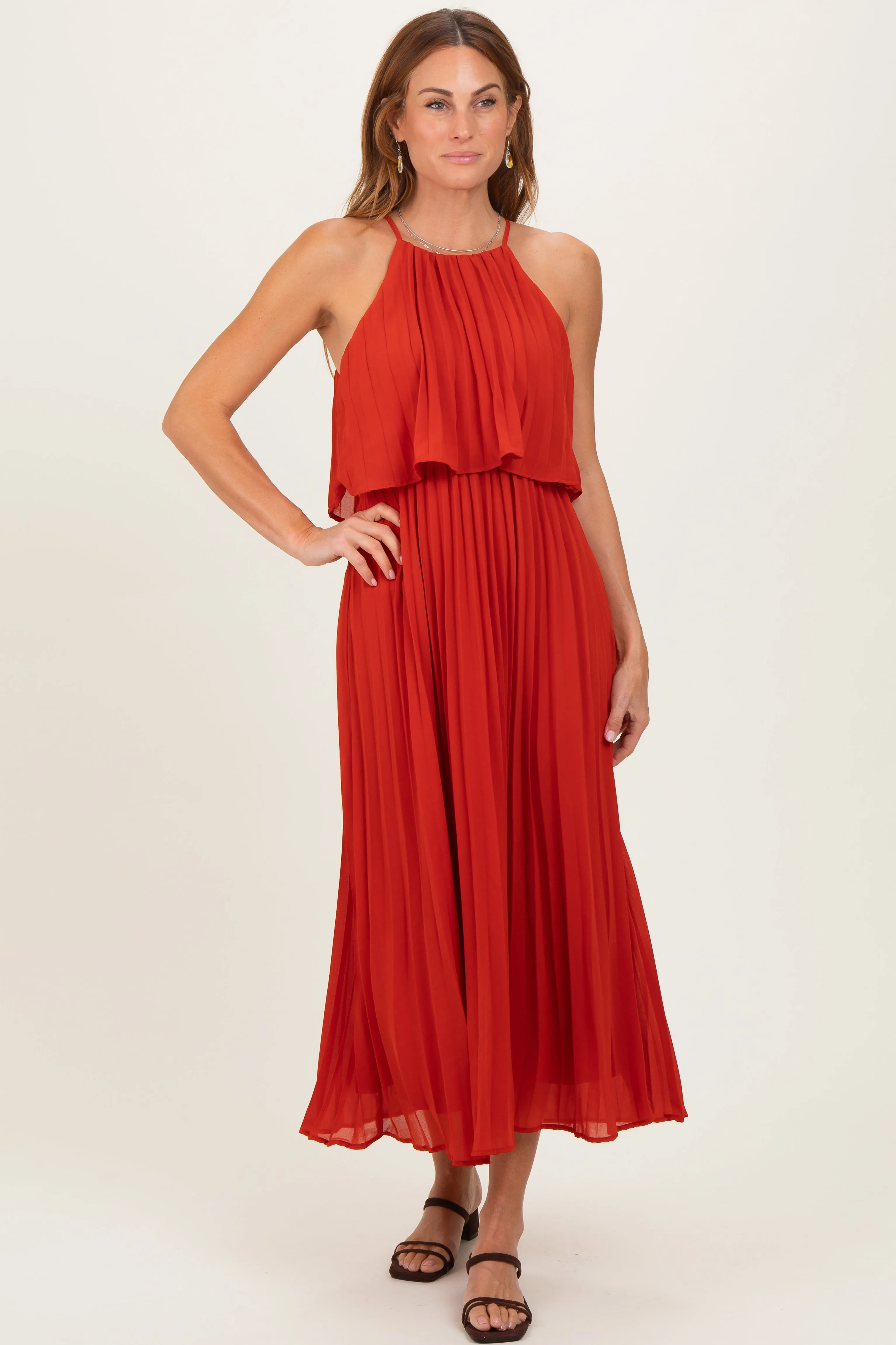 Red Pleated Woven Midi Dress sold by Pinkblush product image thumbnail 2