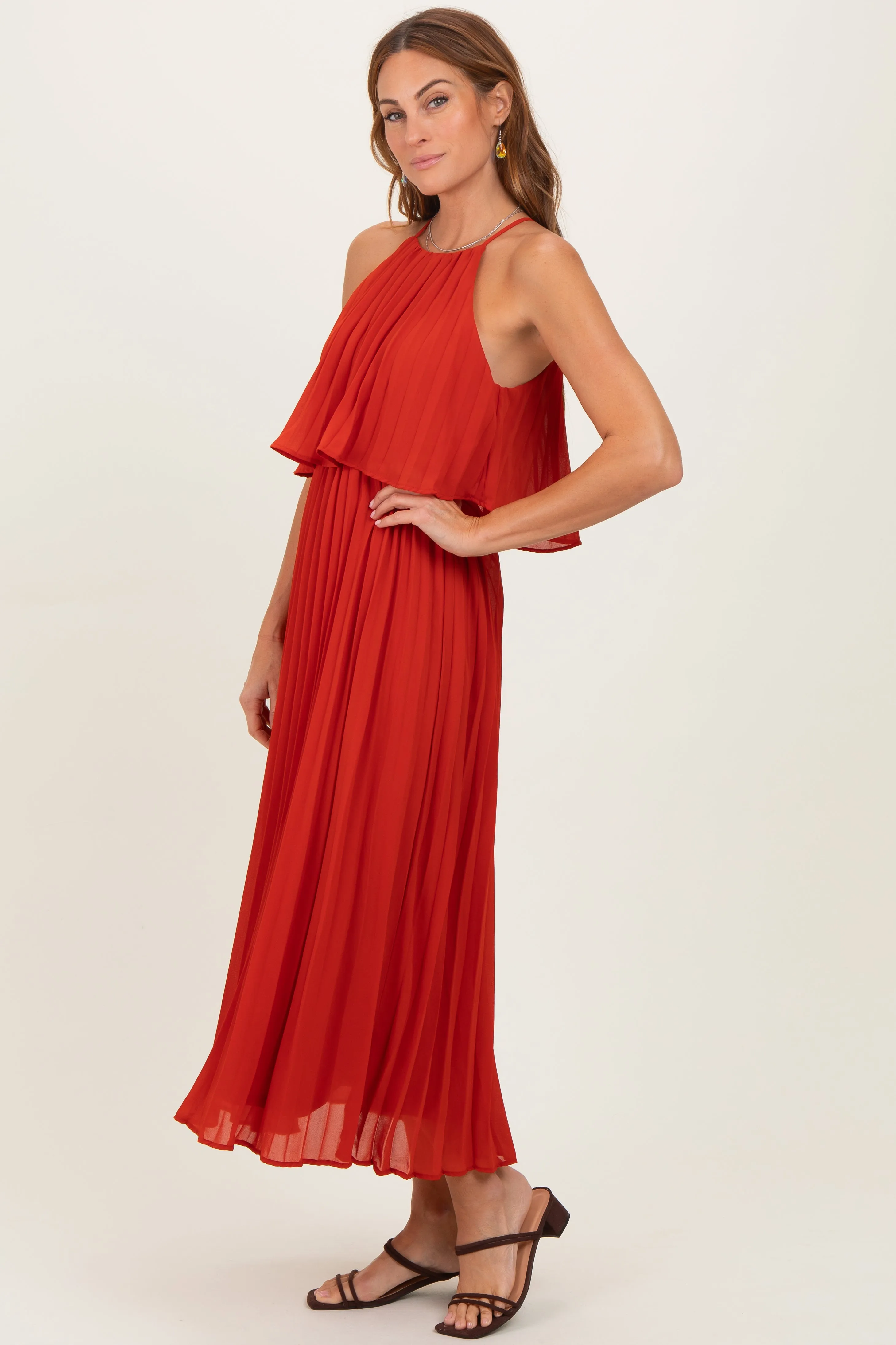 Red Pleated Woven Midi Dress sold by Pinkblush product image thumbnail 3