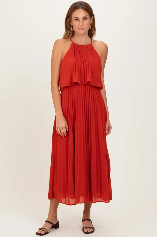 Red Pleated Woven Midi Dress sold by Pinkblush