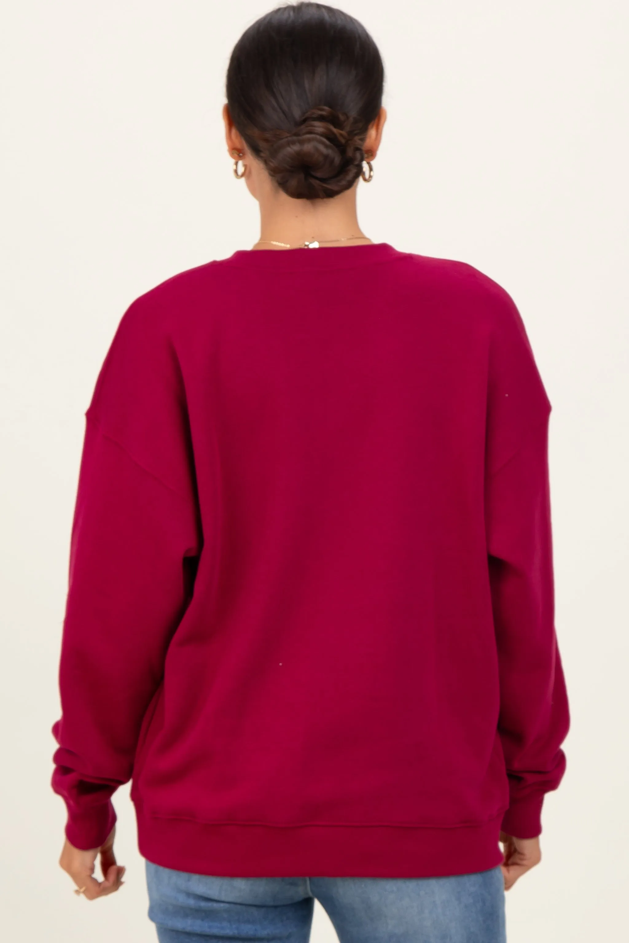 Burgundy Fleece Crew Neck Relaxed Fit Sweatshirt sold by Pinkblush product image thumbnail 4