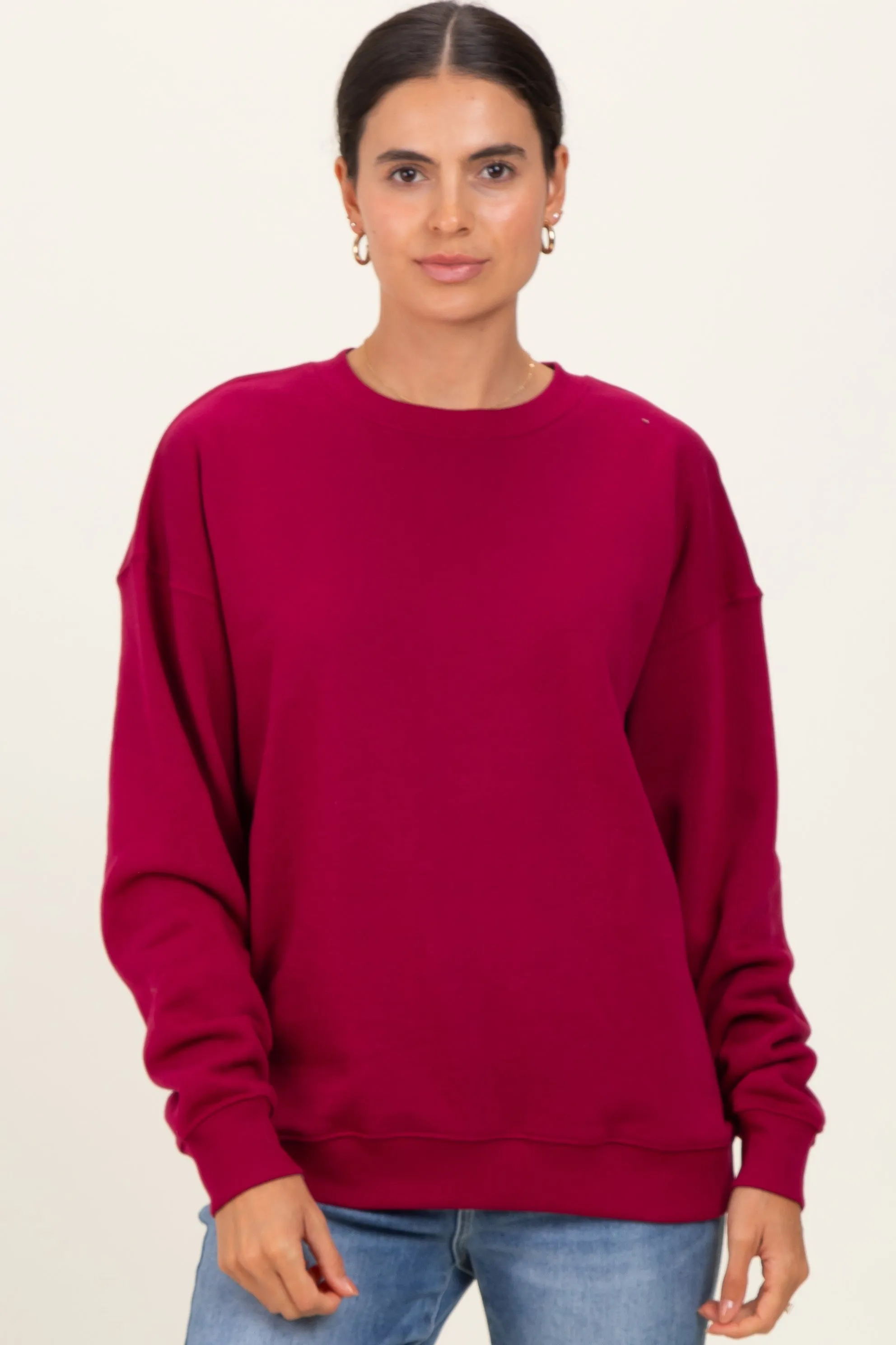 Burgundy Fleece Crew Neck Relaxed Fit Sweatshirt sold by Pinkblush product image thumbnail 2