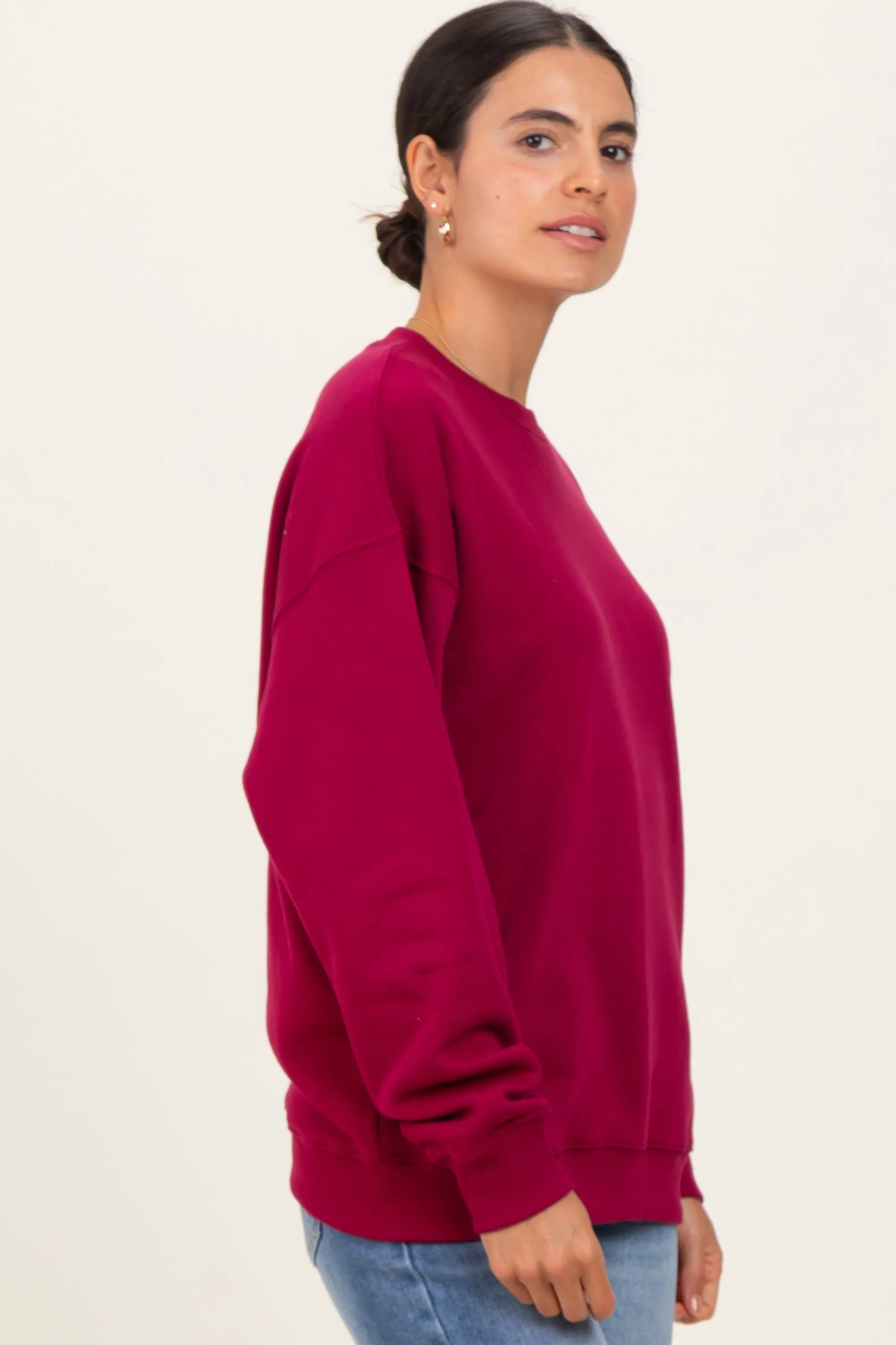 Burgundy Fleece Crew Neck Relaxed Fit Sweatshirt sold by Pinkblush product image thumbnail 3