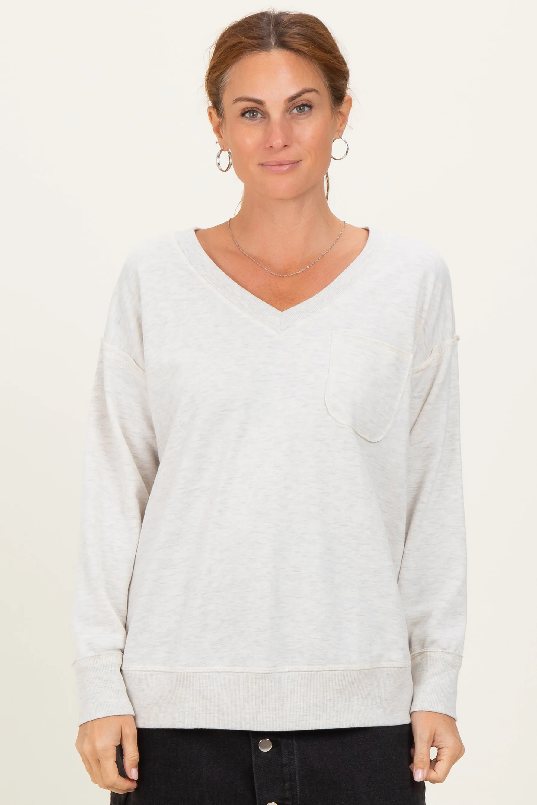 Heather Grey V-Neck Long Sleeve Pullover Top sold by Pinkblush