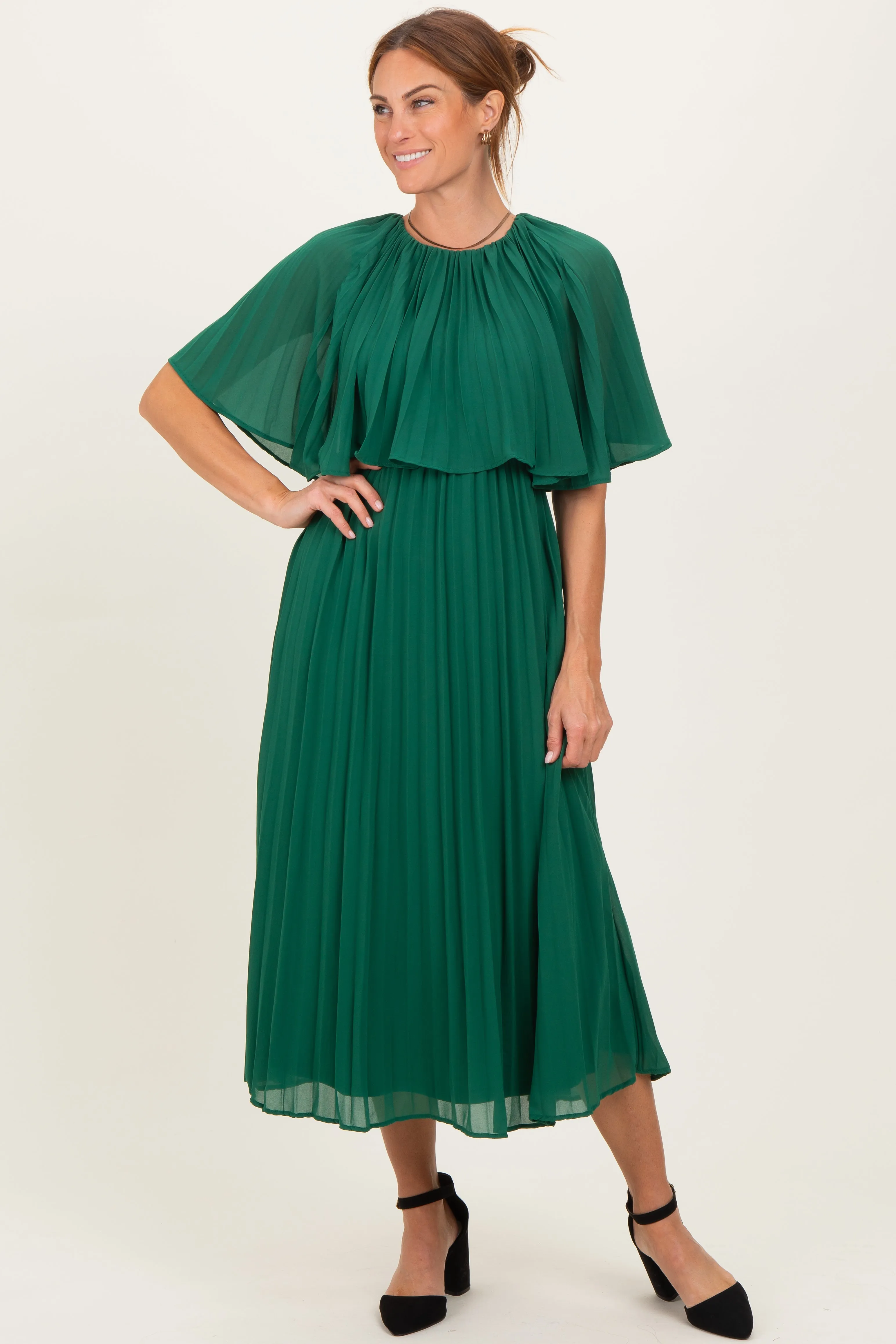 Green Pleated Cape Midi Dress sold by Pinkblush