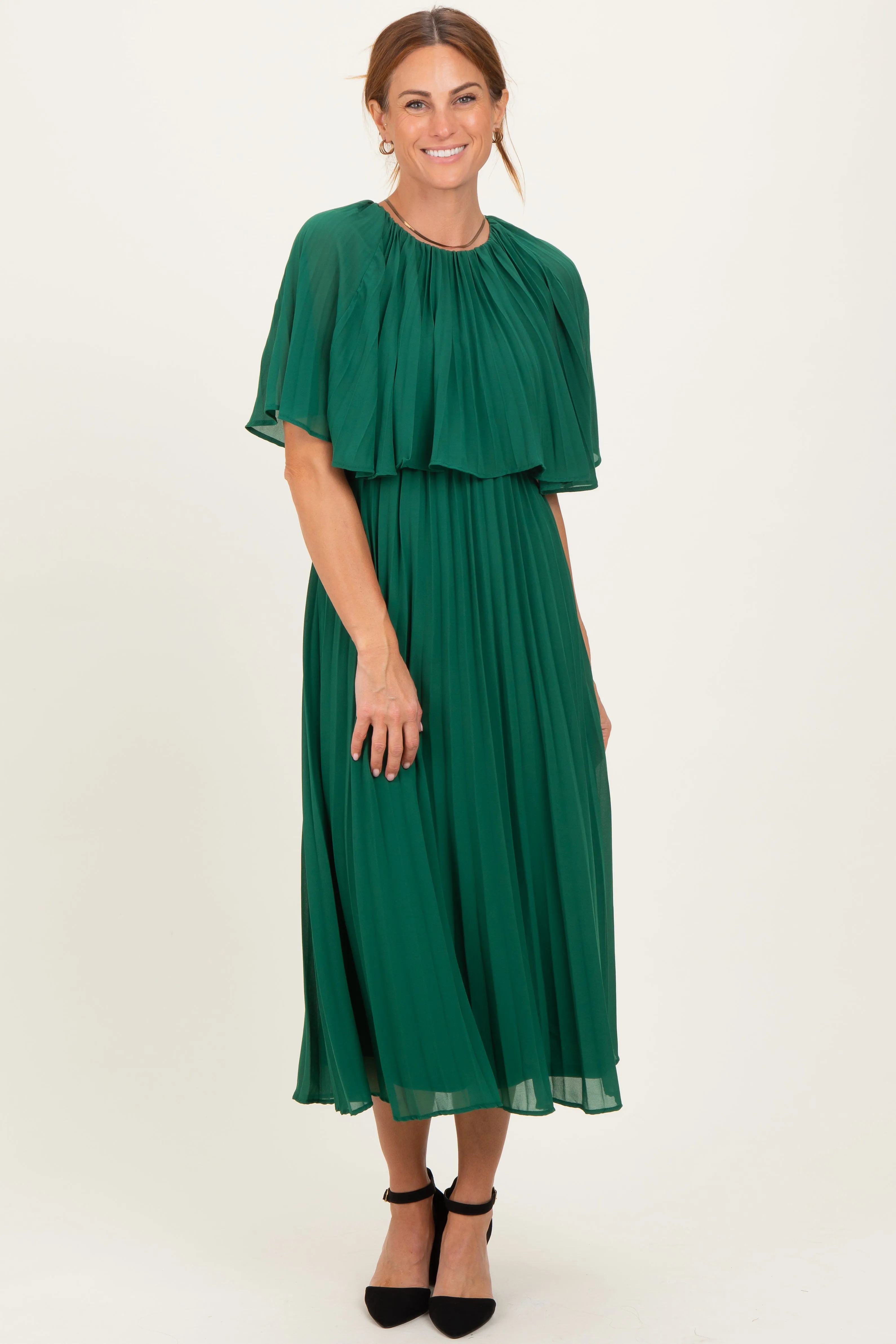 Green Pleated Cape Midi Dress sold by Pinkblush product image thumbnail 2