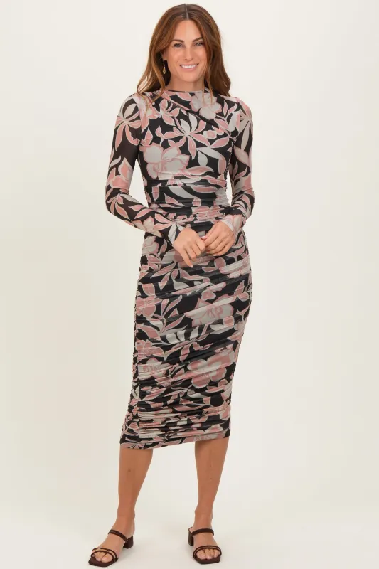 Black Floral Mesh Ruched Long Sleeve Midi Dress sold by Pinkblush