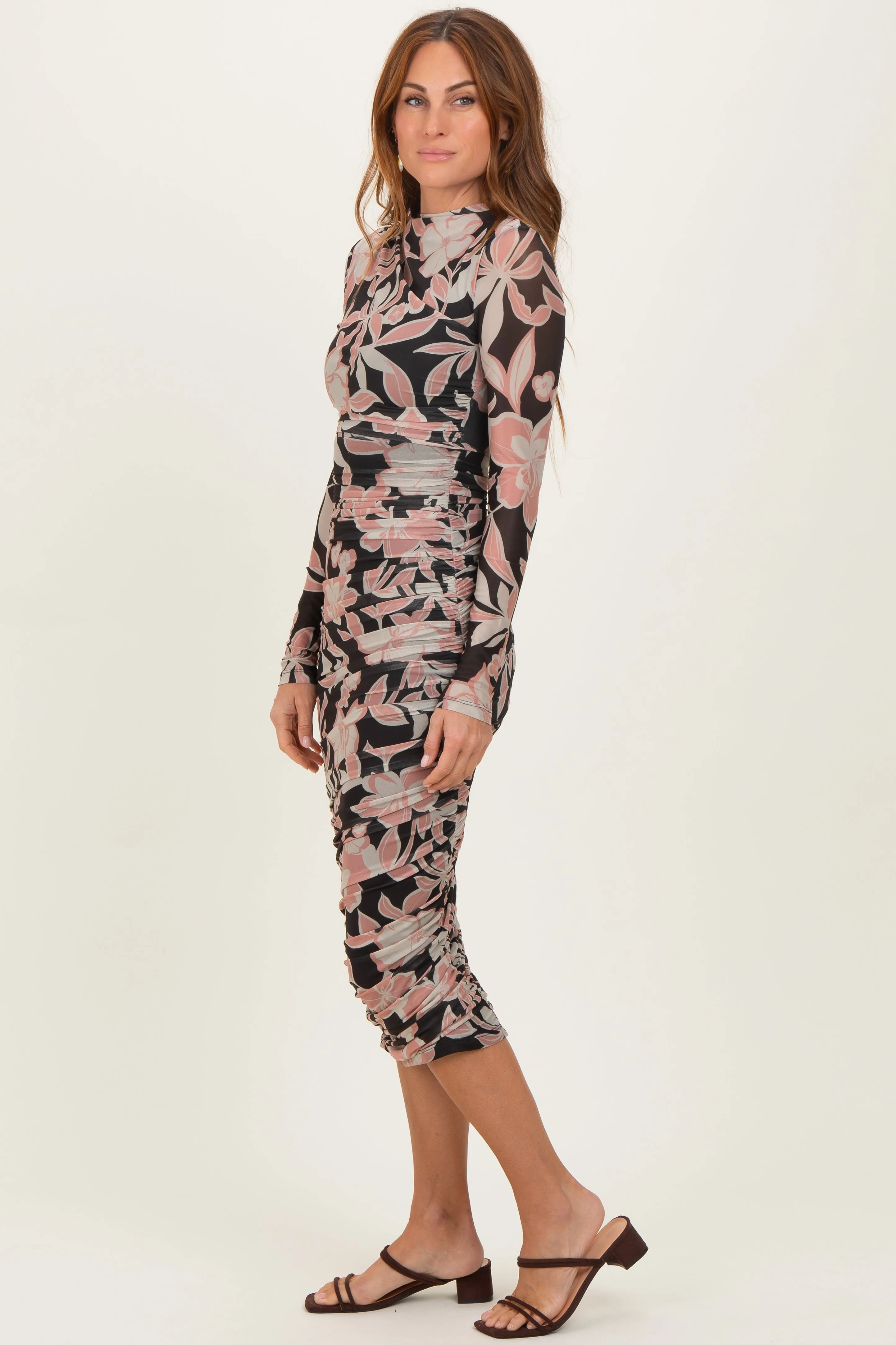 Black Floral Mesh Ruched Long Sleeve Midi Dress sold by Pinkblush product image thumbnail 3