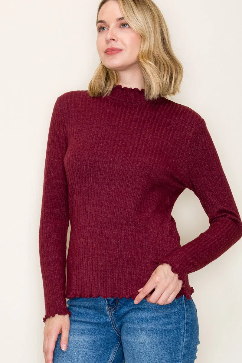 Burgundy Ribbed Mock Neck Ruffle Hem Long Sleeve Top sold by Pinkblush product image thumbnail 3