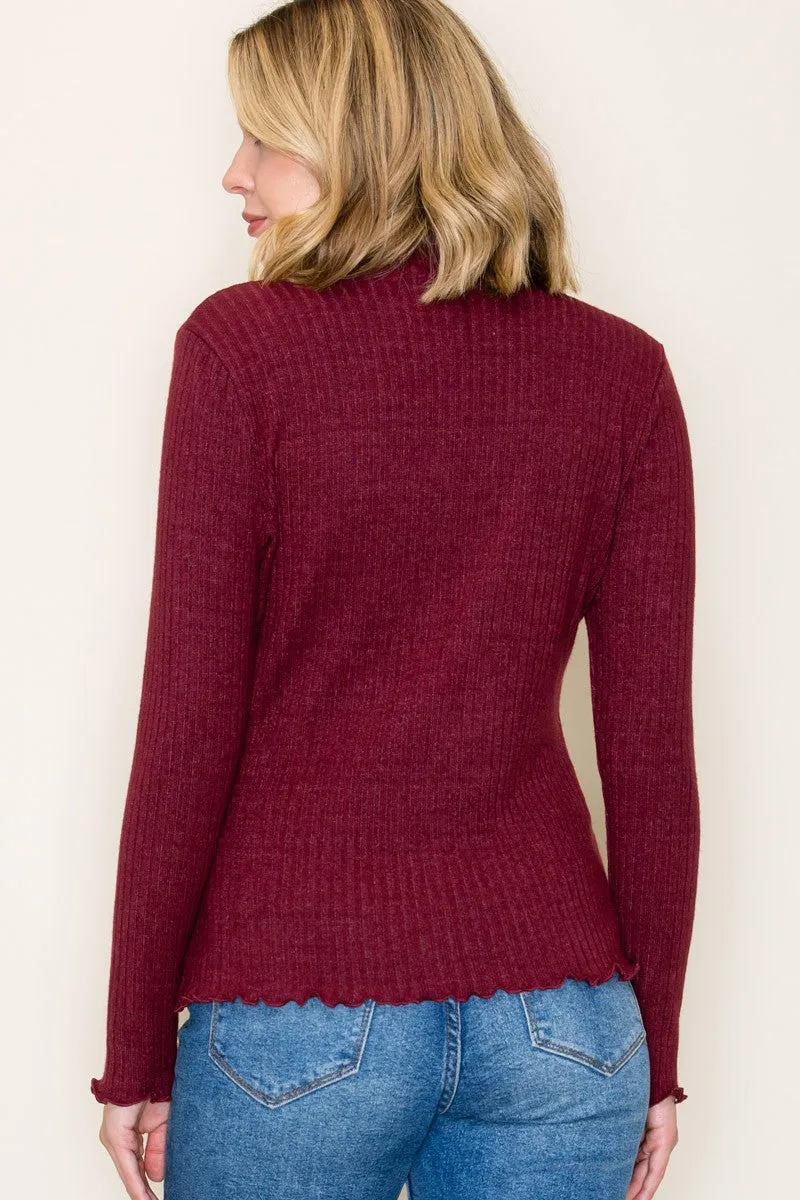 Burgundy Ribbed Mock Neck Ruffle Hem Long Sleeve Top sold by Pinkblush product image thumbnail 4
