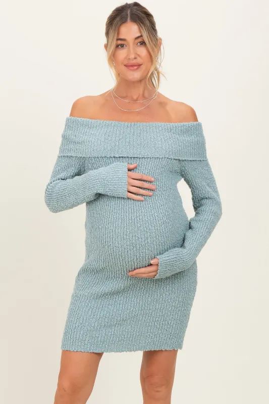 Light Blue Off The Shoulder Knit Sweater Maternity Mini Dress sold by Pinkblush