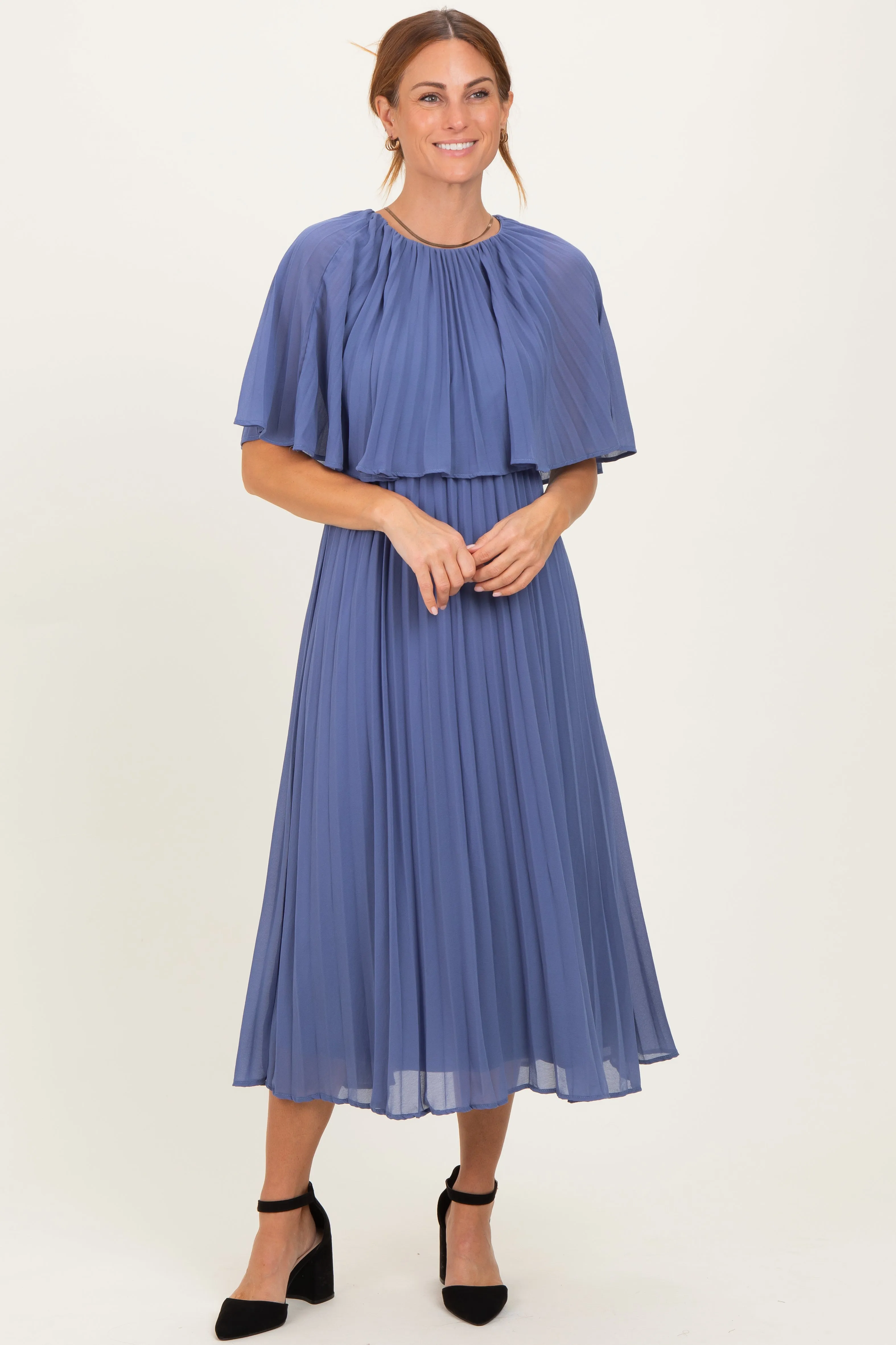 Blue Pleated Cape Midi Dress sold by Pinkblush product image thumbnail 2