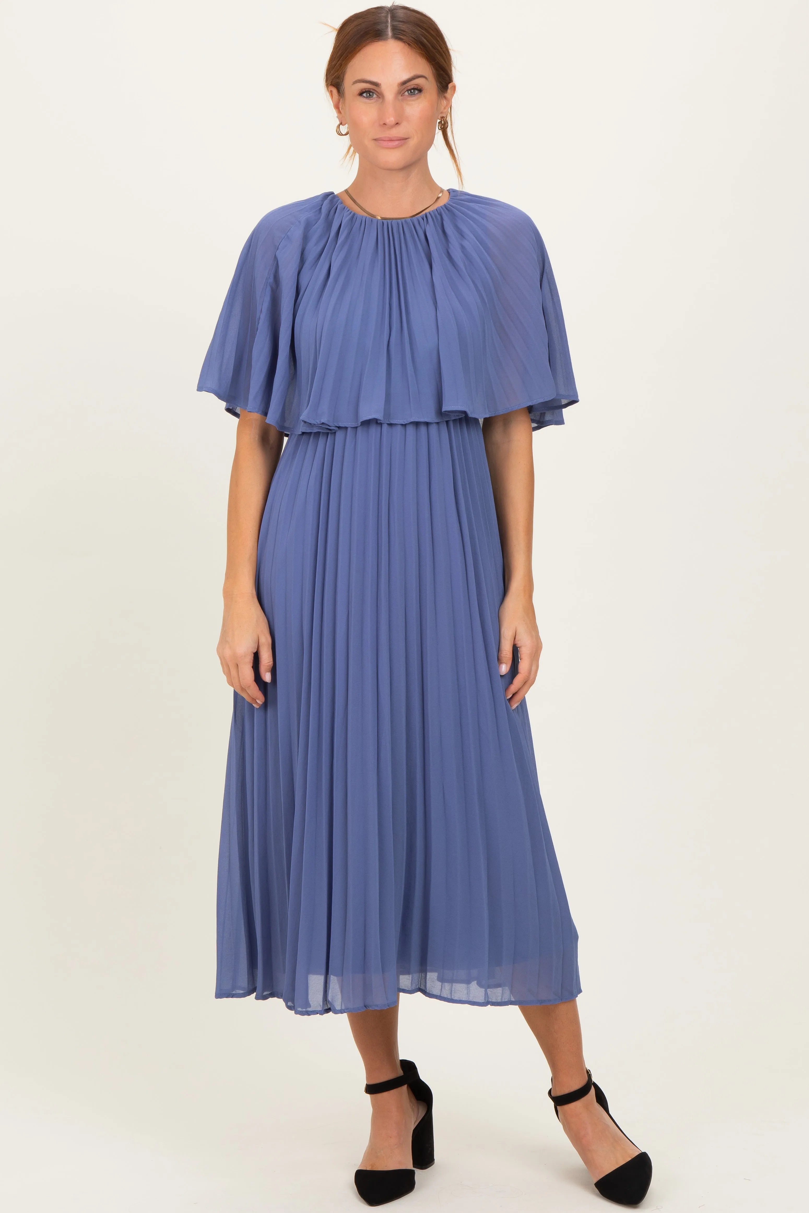 Blue Pleated Cape Midi Dress sold by Pinkblush