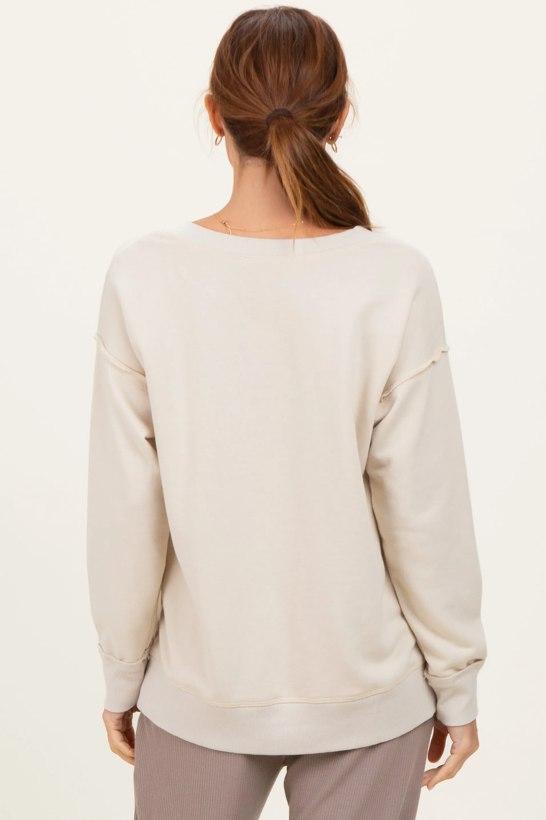 Beige V-Neck Long Sleeve Pullover Top sold by Pinkblush product image thumbnail 4