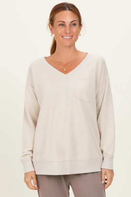 Beige V-Neck Long Sleeve Pullover Top sold by Pinkblush