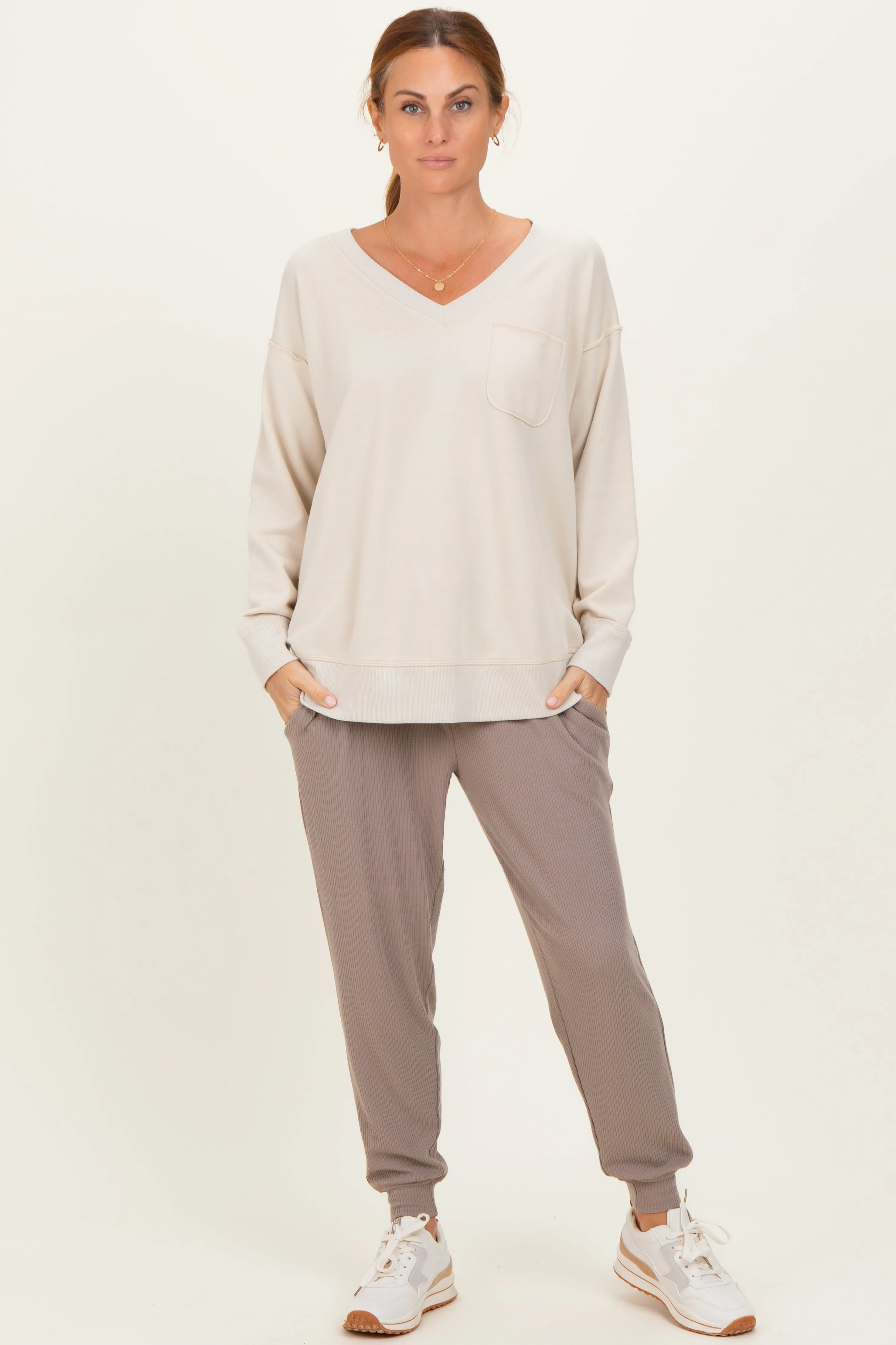 Beige V-Neck Long Sleeve Pullover Top sold by Pinkblush product image thumbnail 2