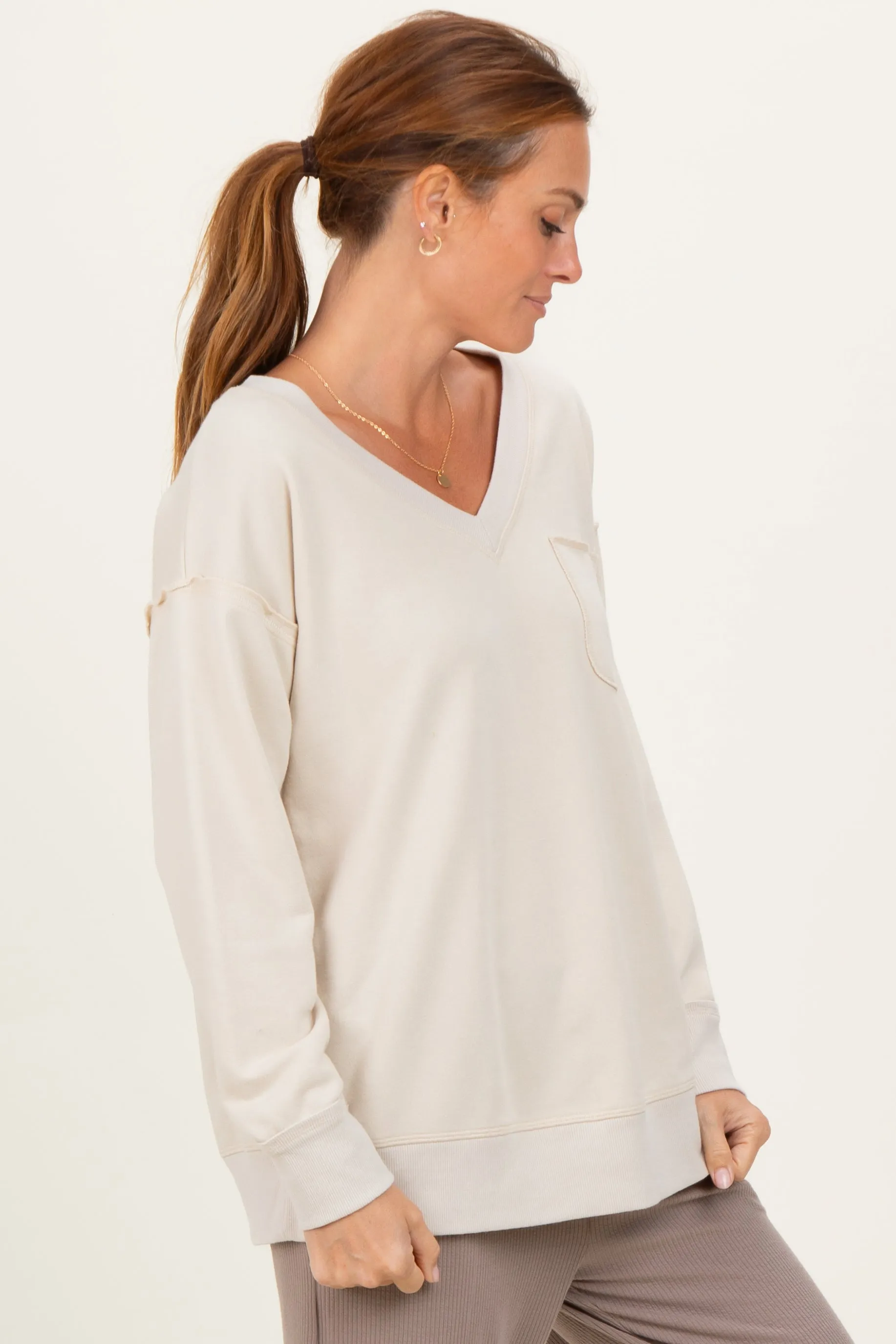 Beige V-Neck Long Sleeve Pullover Top sold by Pinkblush product image thumbnail 3
