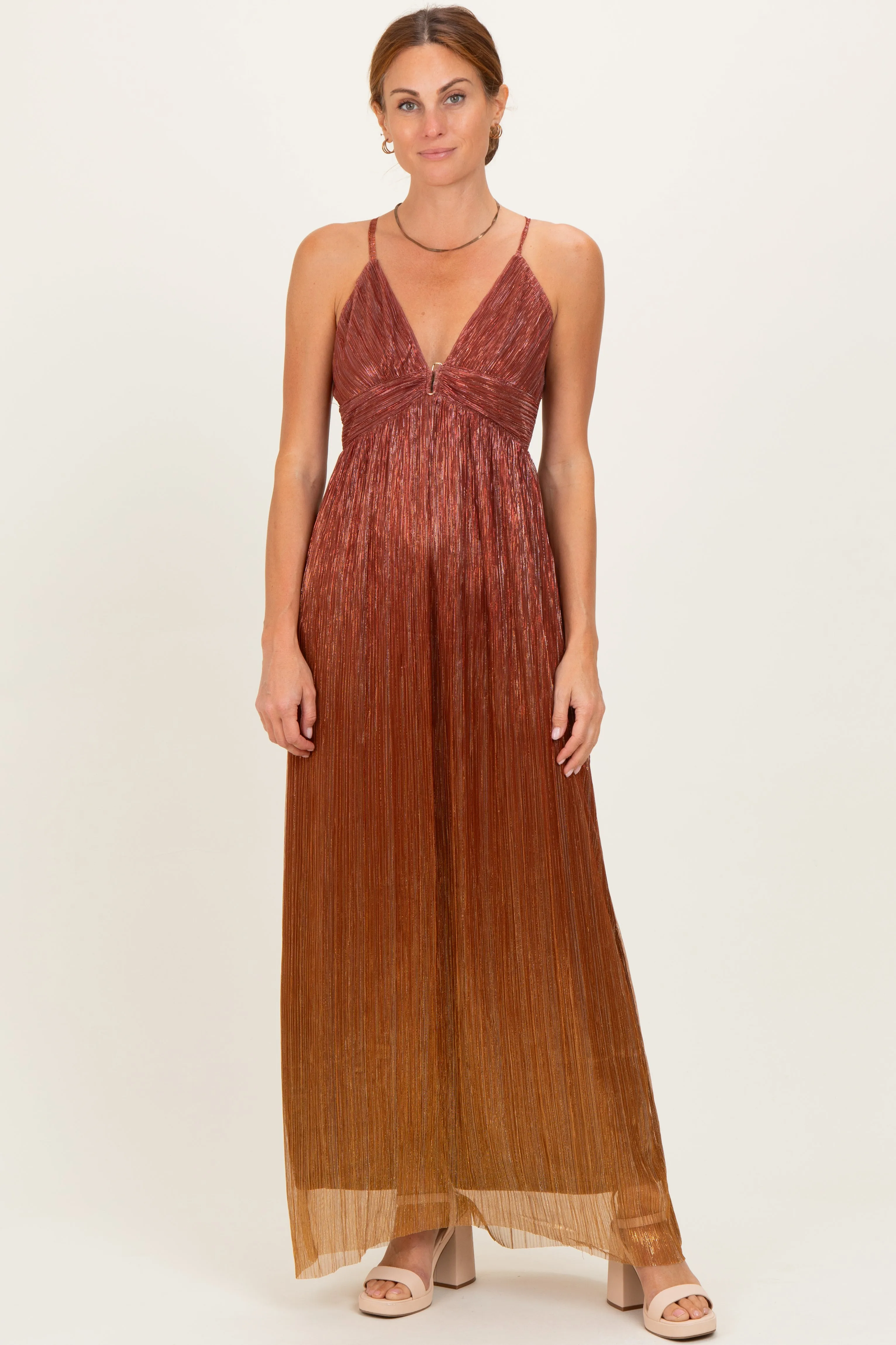 Rust Shimmer Open Tie Back Maxi Dress sold by Pinkblush