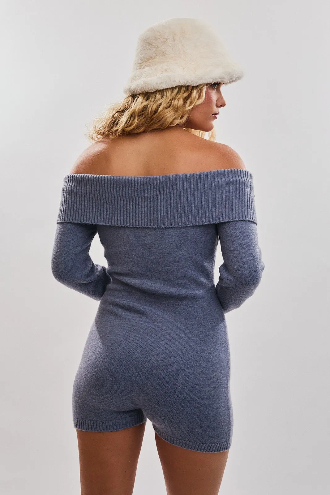 Dusty Blue Off Shoulder Knitted Romper sold by Pinkblush product image thumbnail 4