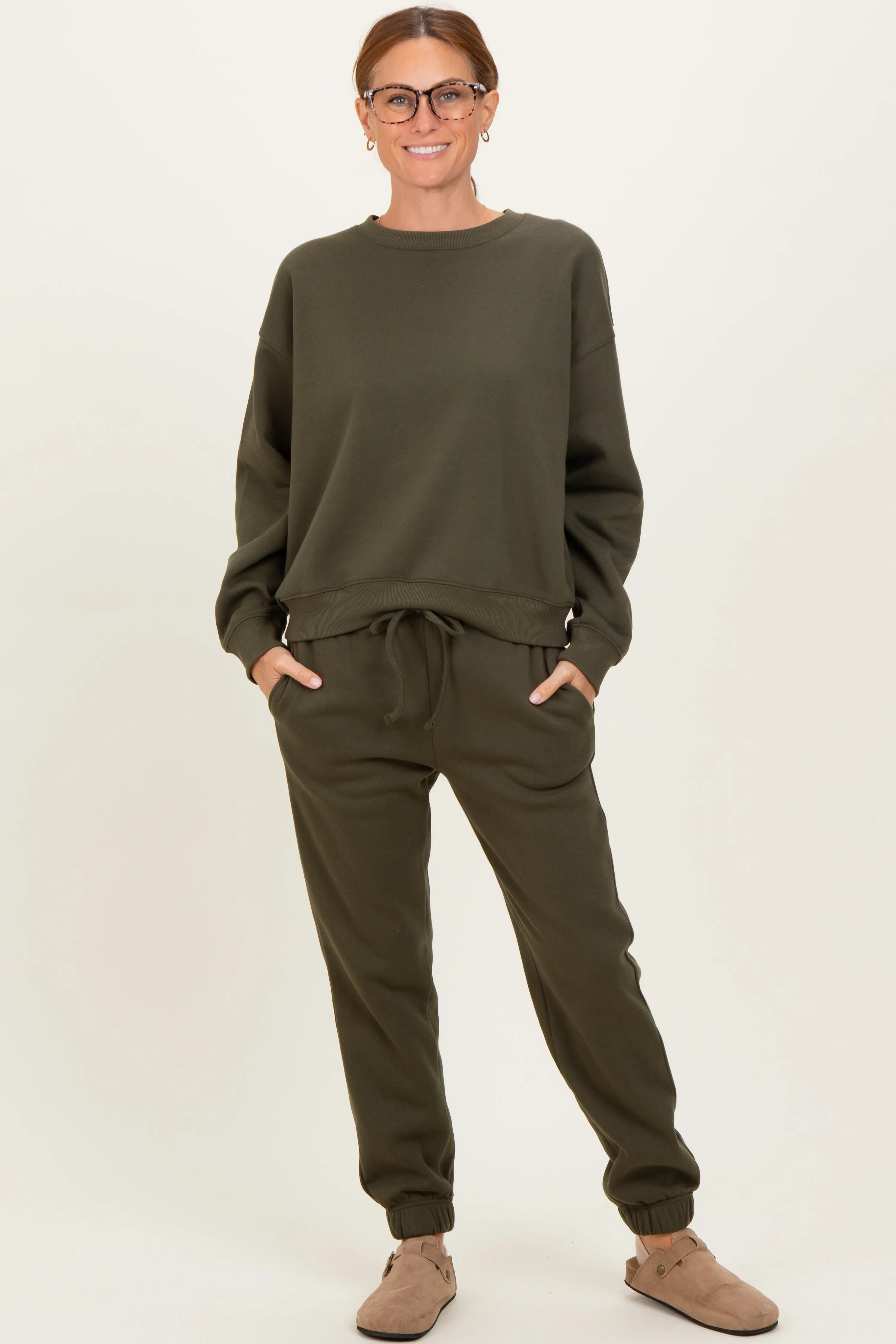 Olive Fleece Long Sleeve Pullover & Jogger Set sold by Pinkblush