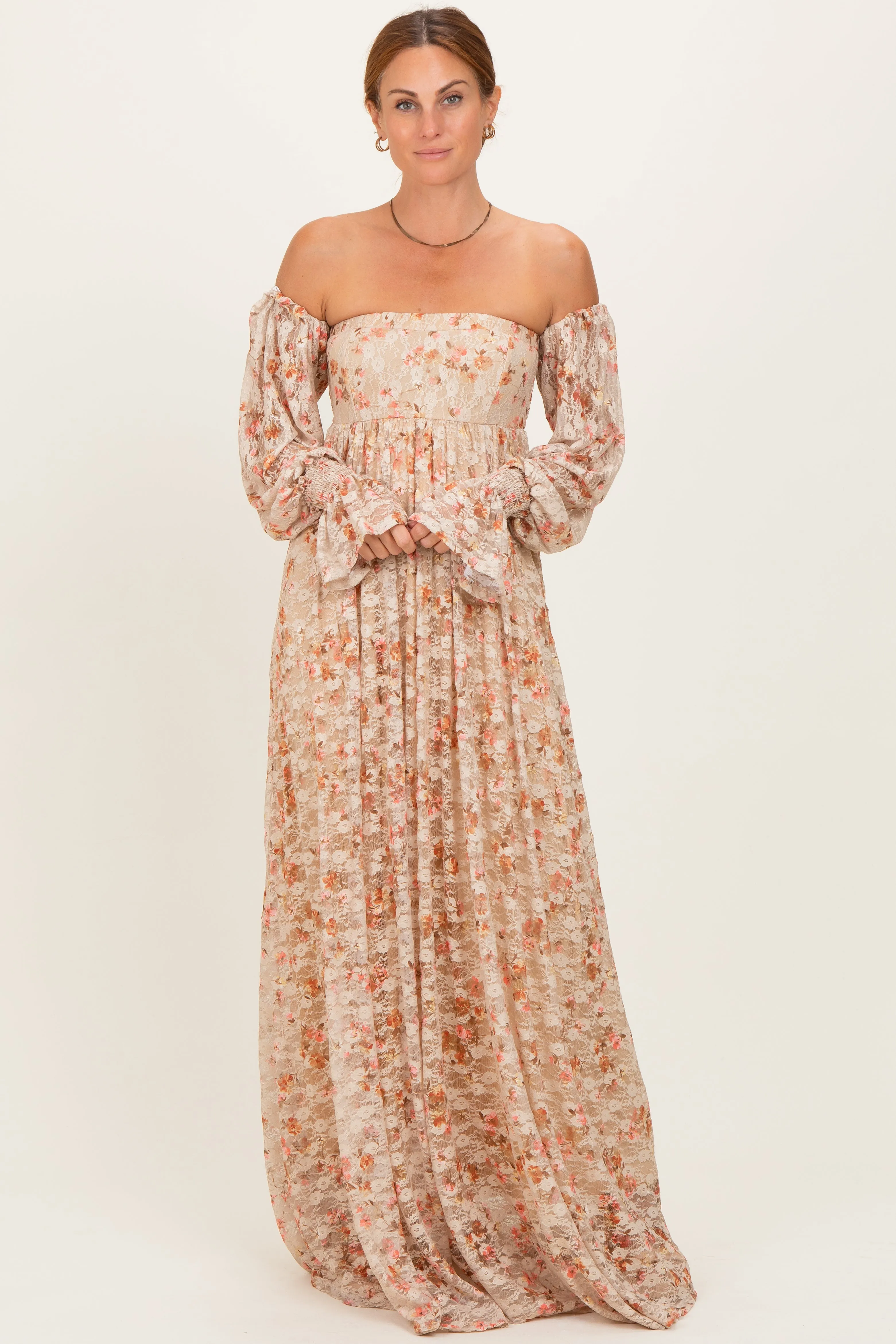 Multi Color Floral Lace Smocked Long Sleeve Off Shoulder Maxi Dress sold by Pinkblush