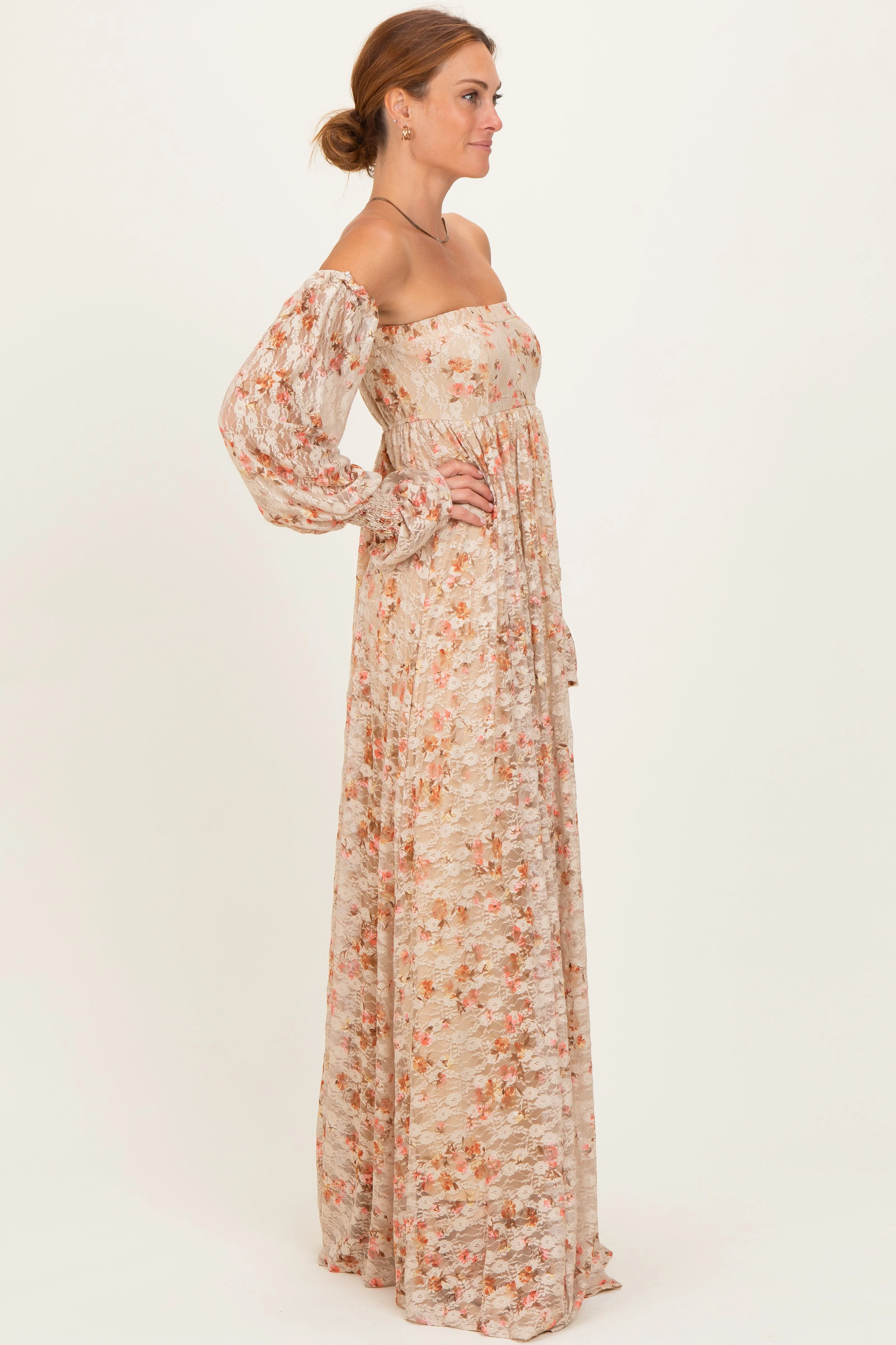 Multi Color Floral Lace Smocked Long Sleeve Off Shoulder Maxi Dress sold by Pinkblush product image thumbnail 2