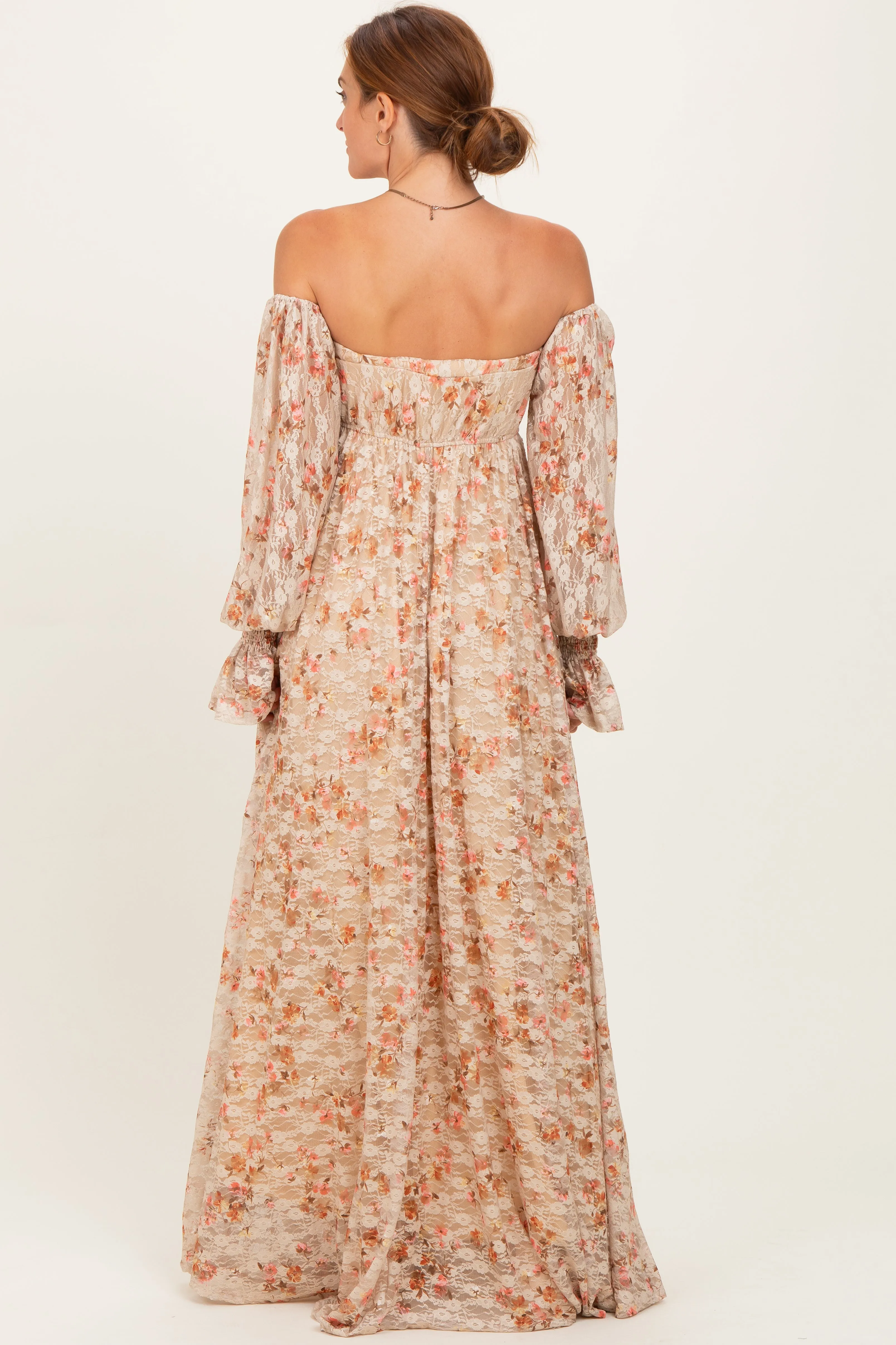 Multi Color Floral Lace Smocked Long Sleeve Off Shoulder Maxi Dress sold by Pinkblush product image thumbnail 3