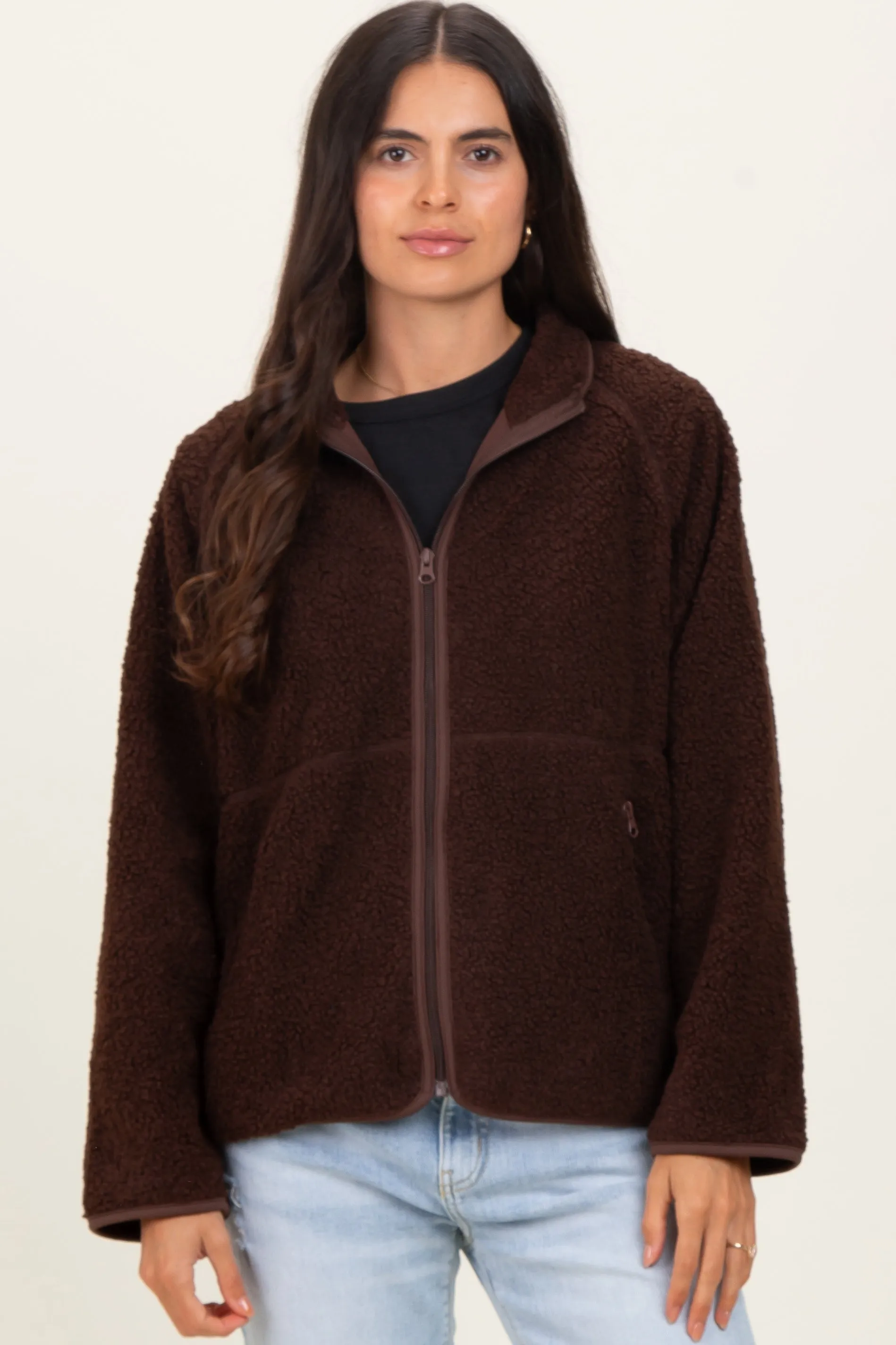 Brown Fleece Full Zip Jacket sold by Pinkblush