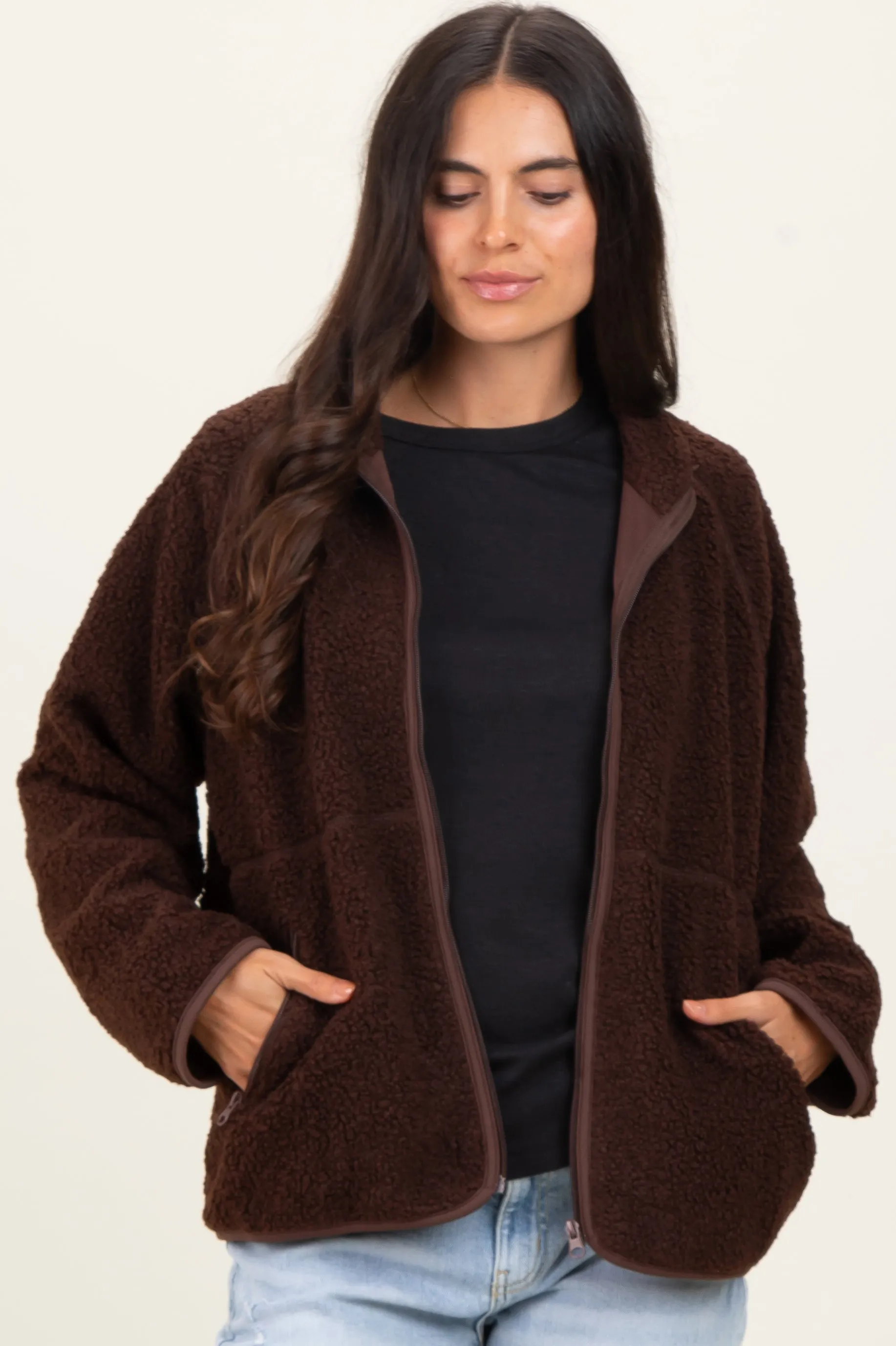 Brown Fleece Full Zip Jacket sold by Pinkblush product image thumbnail 2