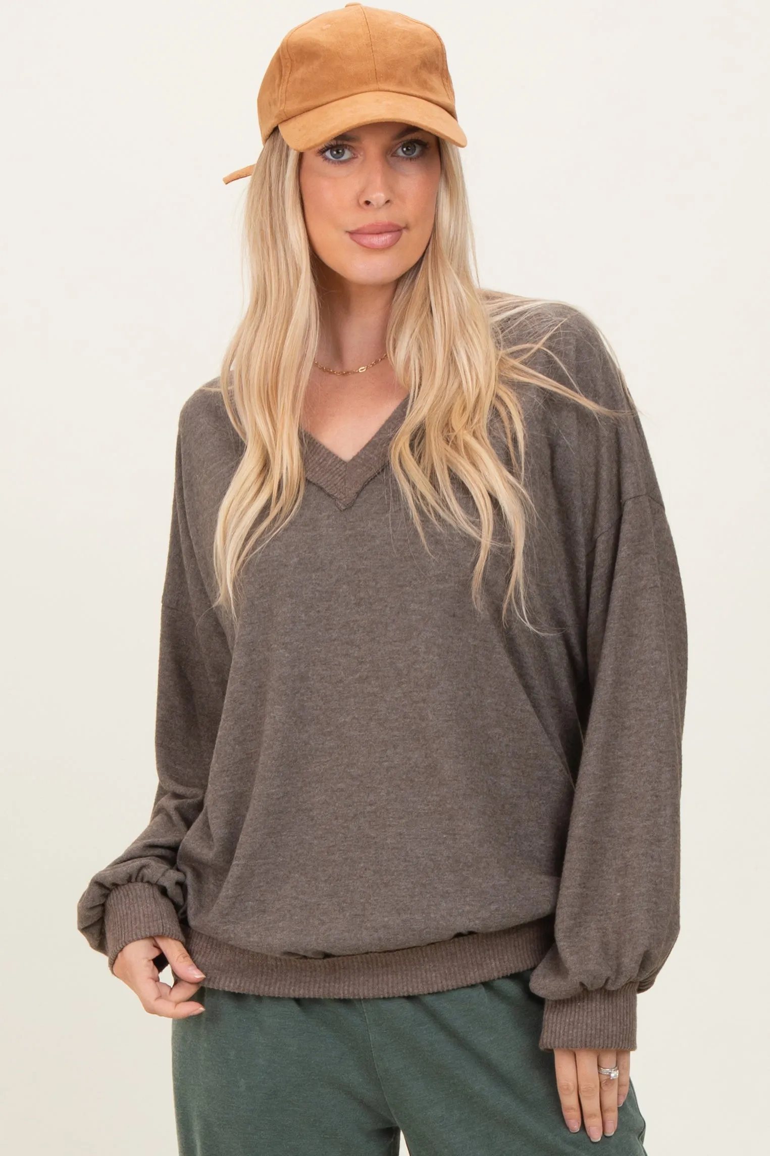 Mocha Brushed Long Sleeve Ribbed V-Neck Maternity Top sold by Pinkblush product image thumbnail 5