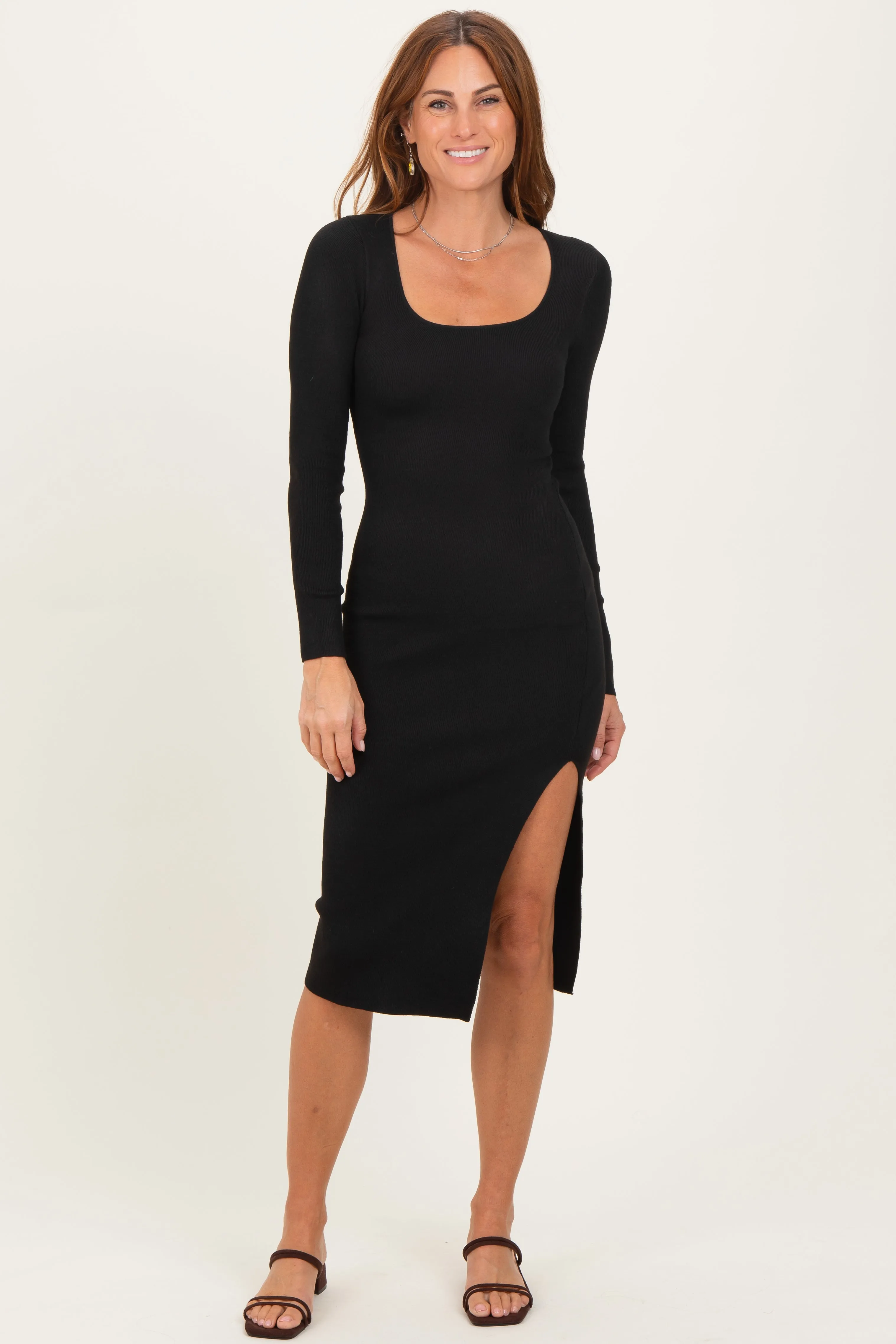 Black Knit Square Neck Slit Midi Dress sold by Pinkblush