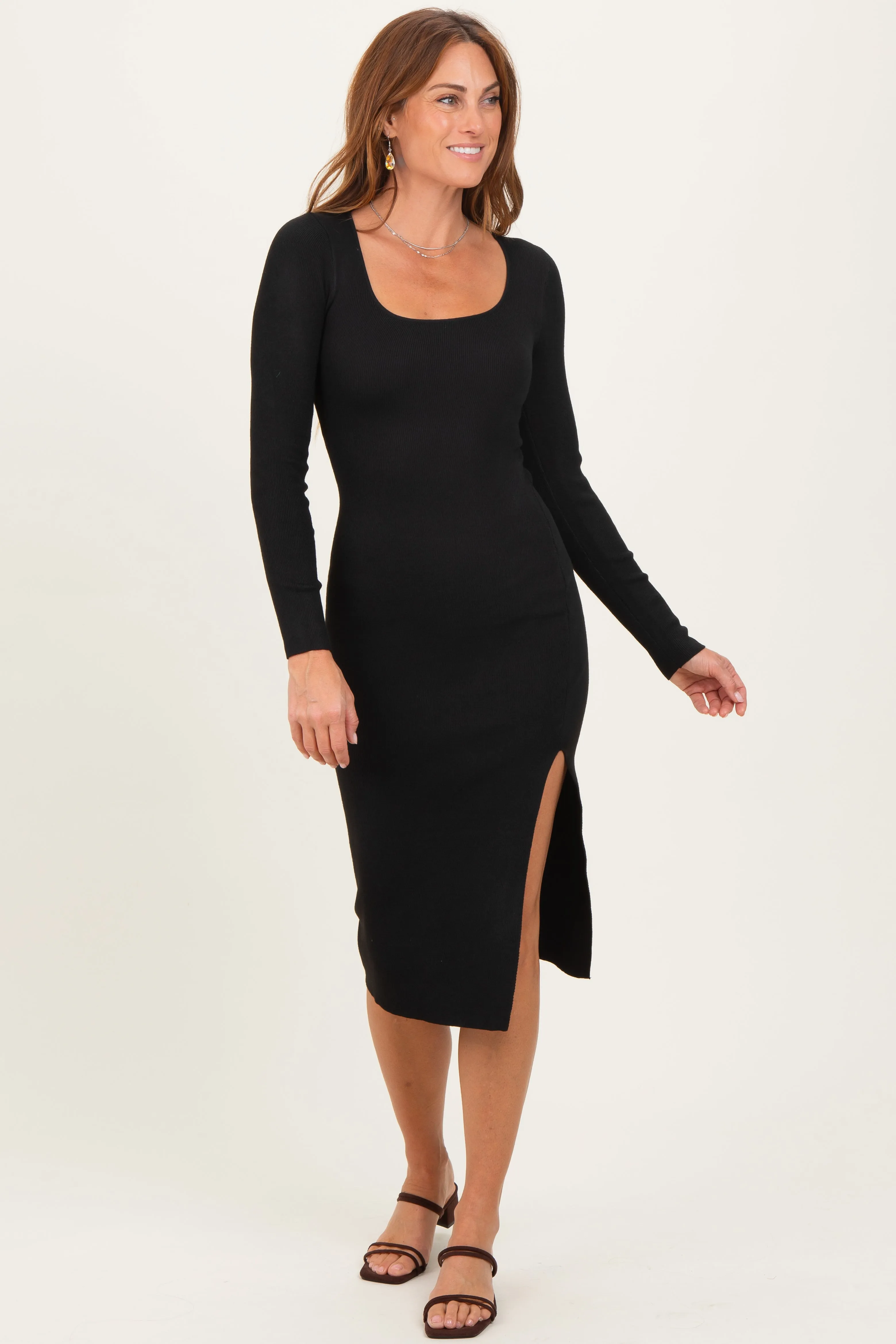 Black Knit Square Neck Slit Midi Dress sold by Pinkblush product image thumbnail 2
