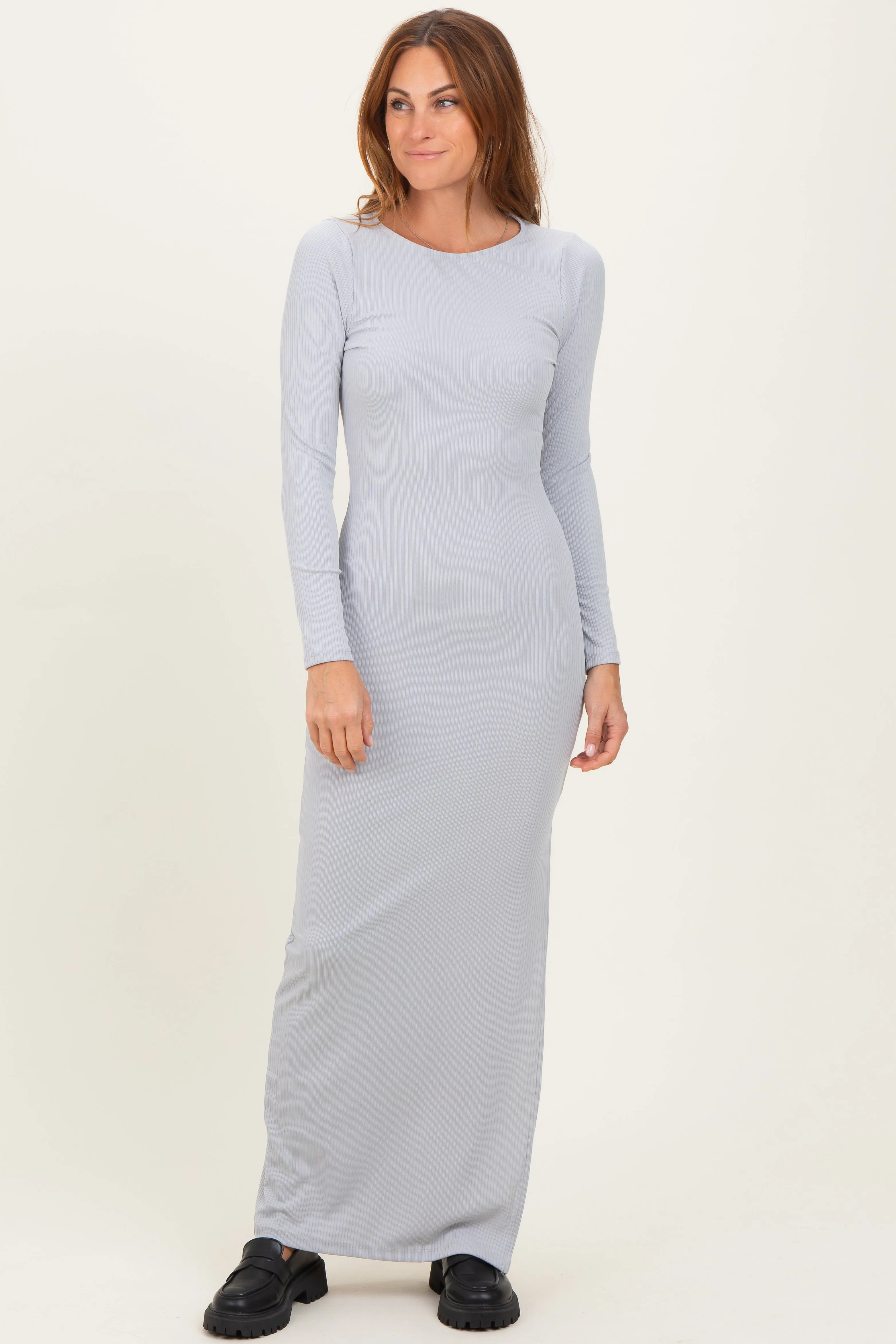Light Grey Ribbed Long Sleeve Side Slit Maxi Dress sold by Pinkblush
