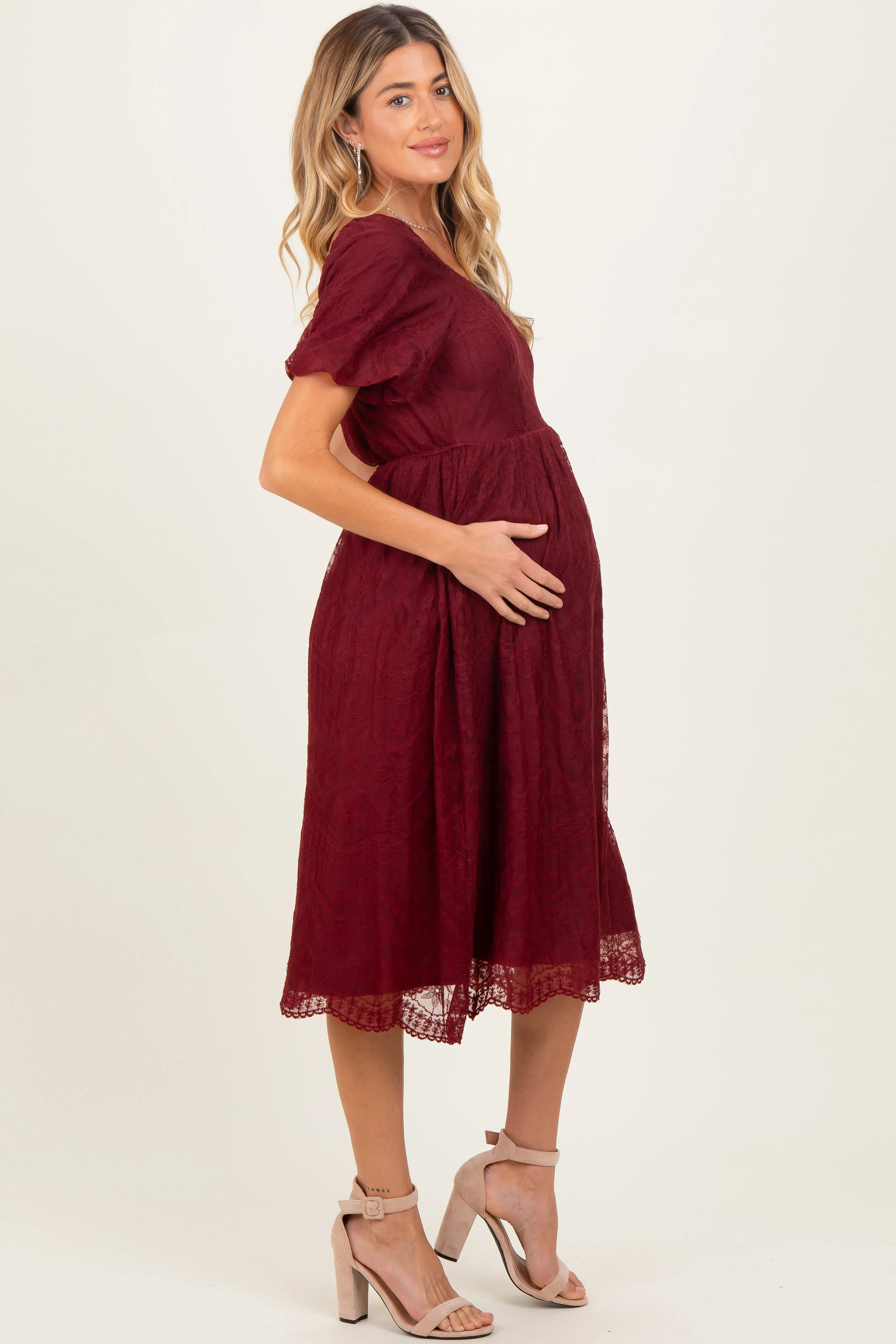 Burgundy Lace Sweetheart Neck Short Sleeve Maternity Midi Dress sold by Pinkblush product image thumbnail 3