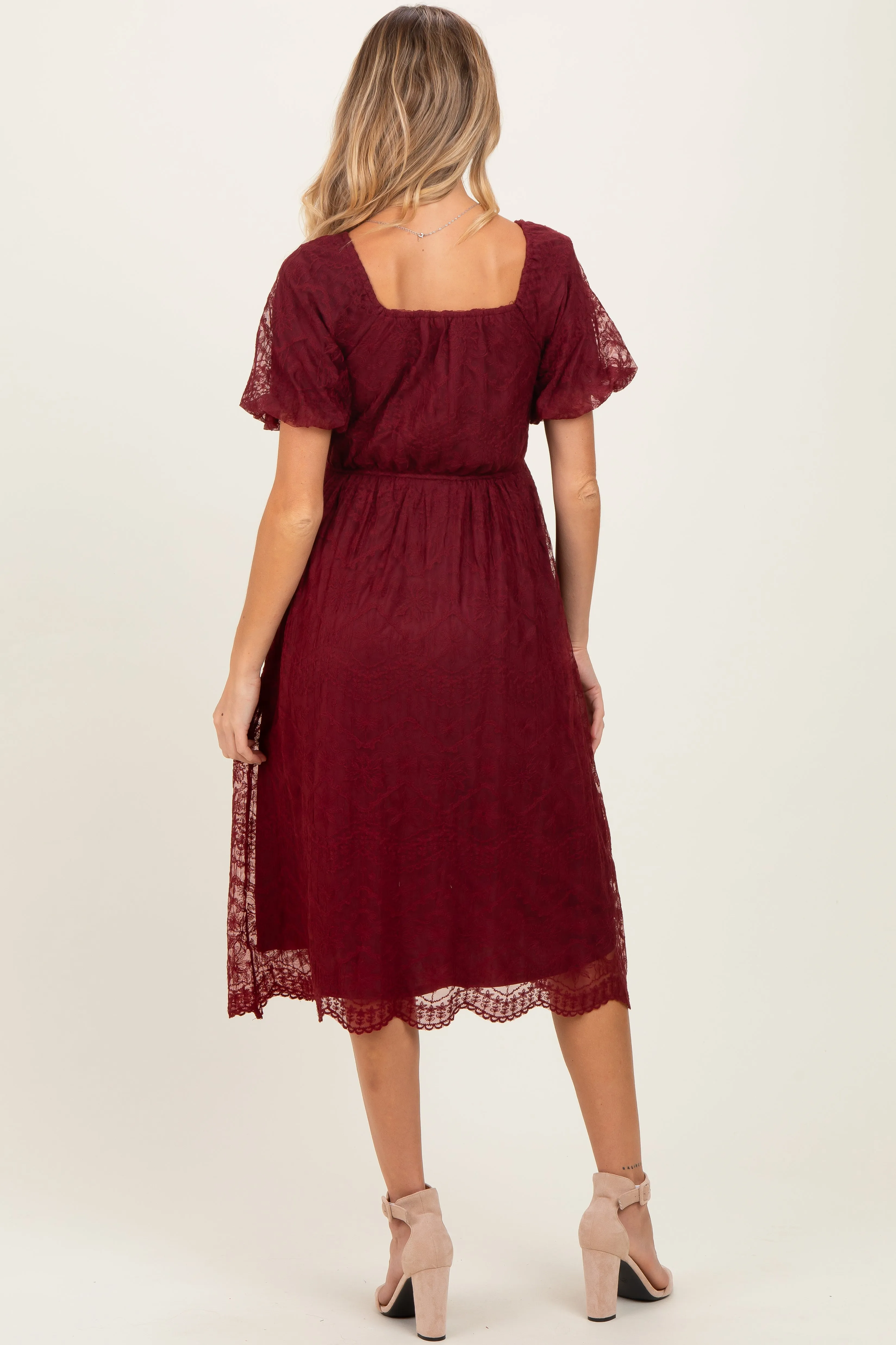 Burgundy Lace Sweetheart Neck Short Sleeve Maternity Midi Dress sold by Pinkblush product image thumbnail 4