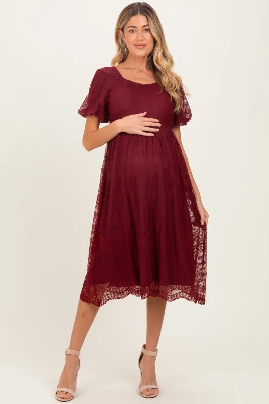 Burgundy Lace Sweetheart Neck Short Sleeve Maternity Midi Dress sold by Pinkblush